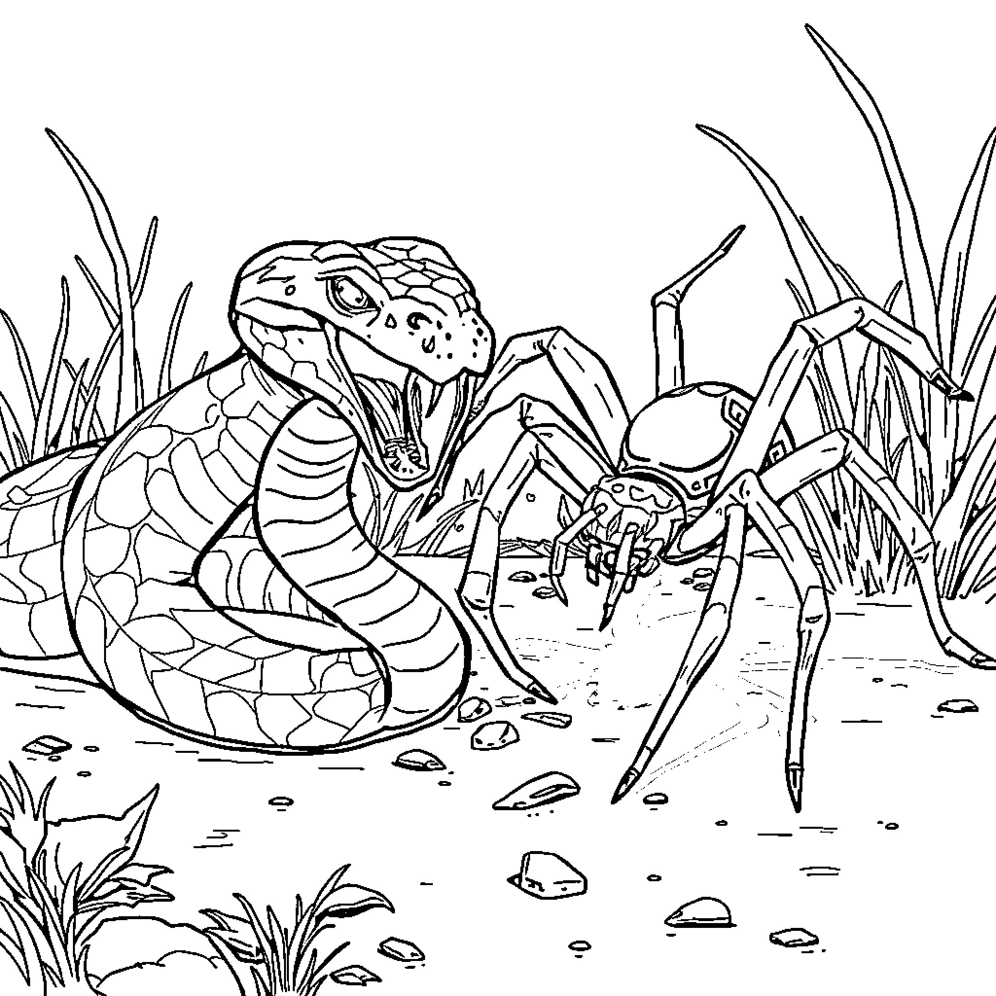 Snake confronting a large insect in the wild Coloring Page (free black-and-white line drawing printable PDF for all, from beginners to advanced learners, including children, teens, adults, and seniors)