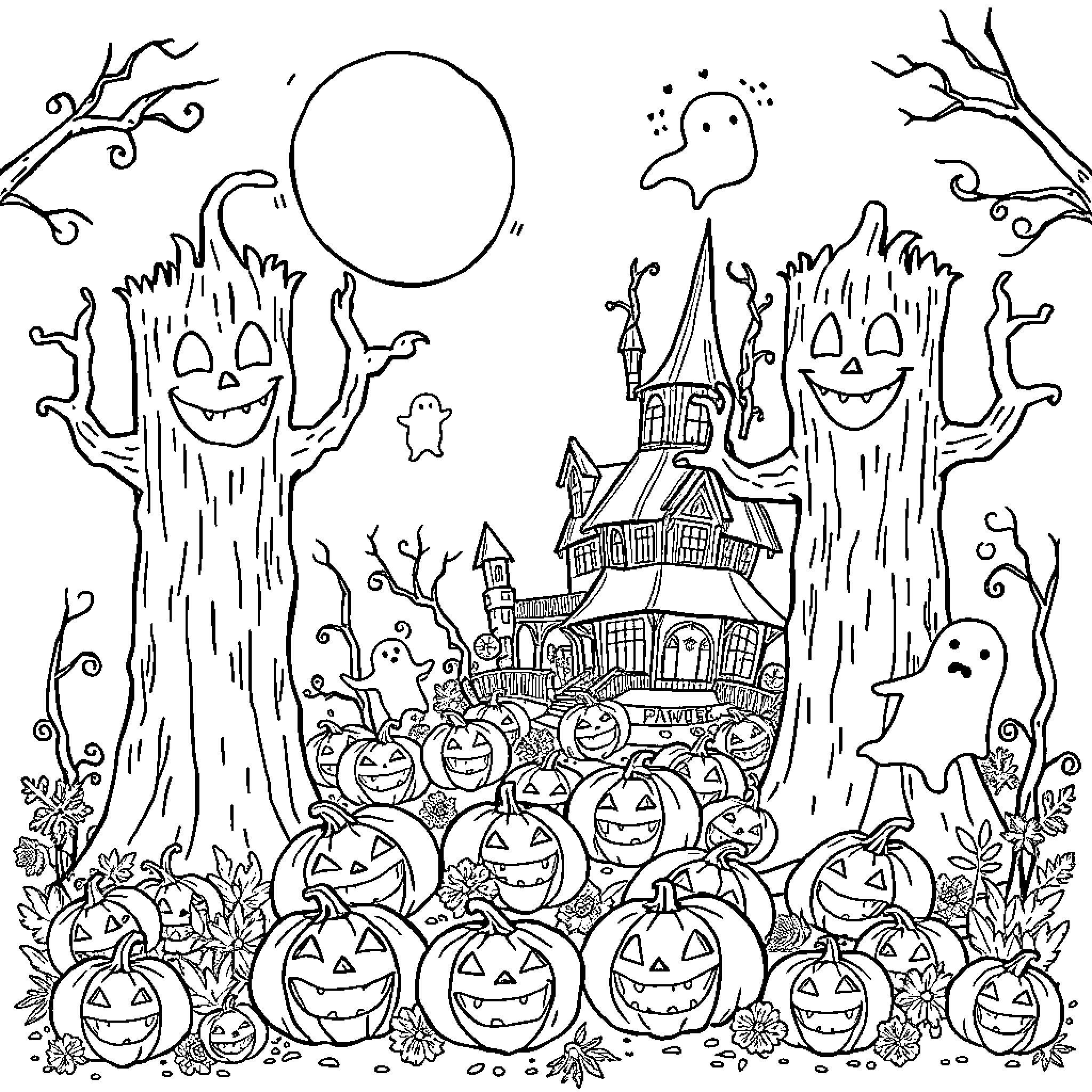 Treant's Haunting Halloween Celebration Coloring Page (free black-and-white line drawing printable PDF for all, from beginners to advanced learners, including children, teens, adults, and seniors)