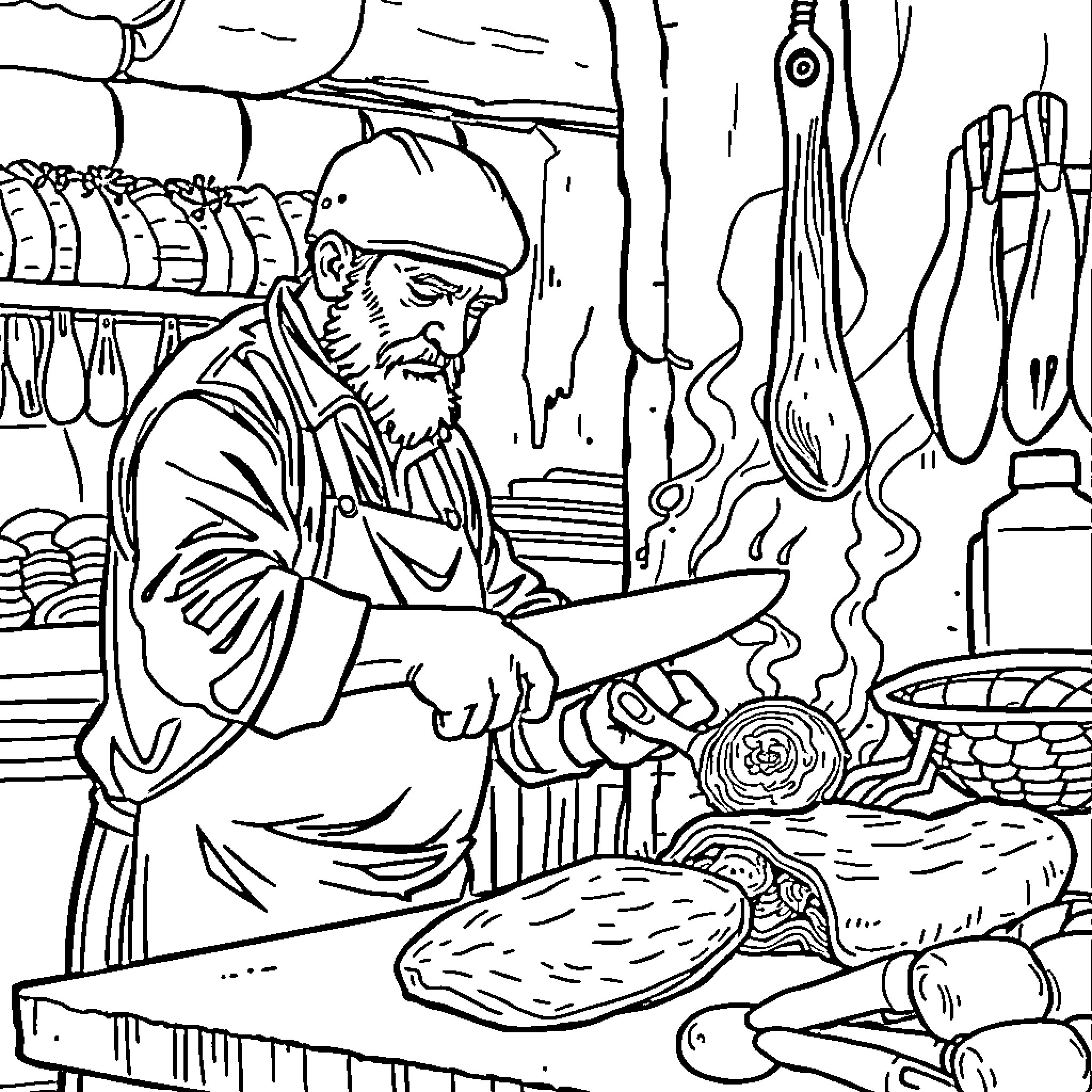 Butcher Preparing Meats in Rustic Butcher Shop Coloring Page (free black-and-white line drawing printable PDF for all, from beginners to advanced learners, including children, teens, adults, and seniors)