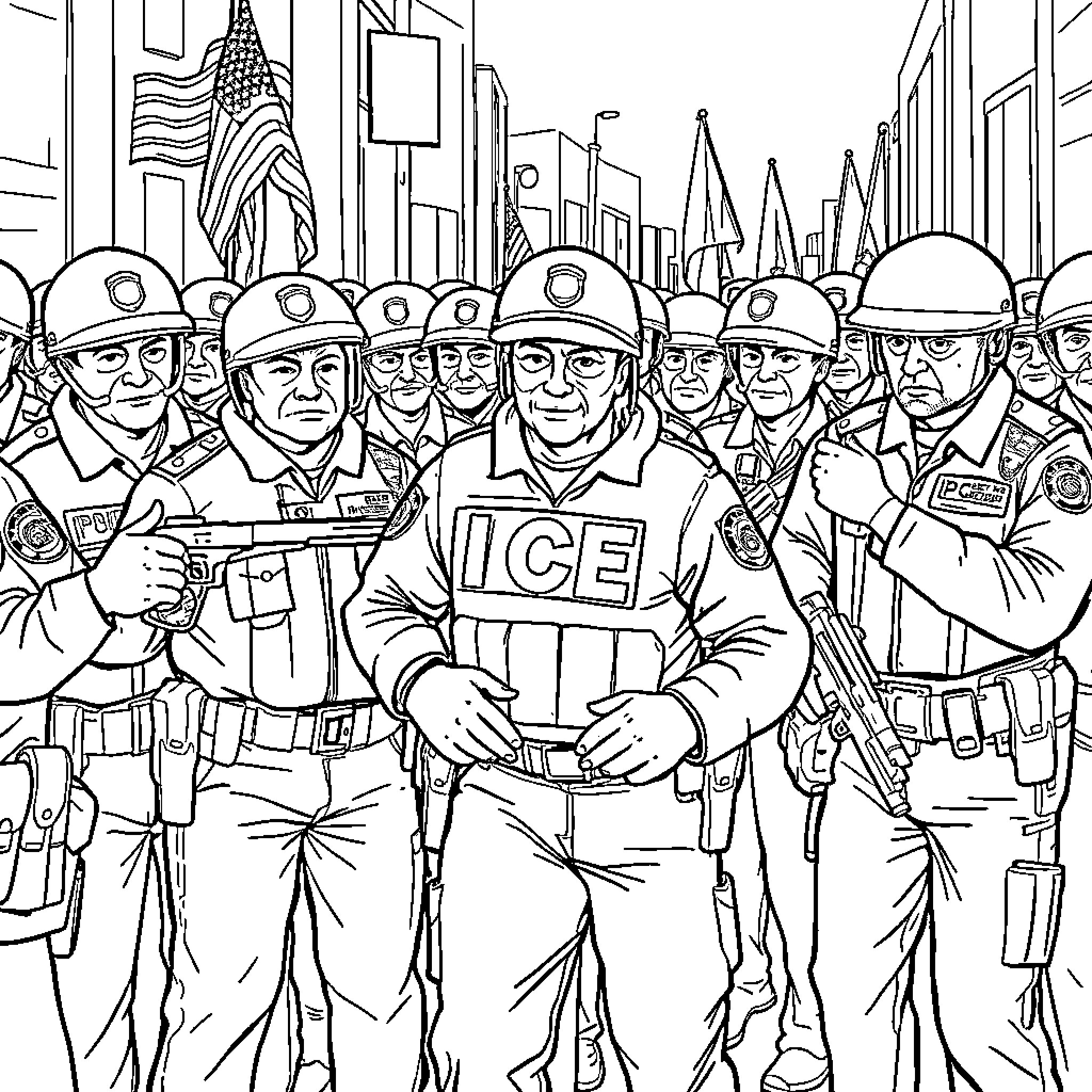 Ice Agent Leads Riot Control Unit in City Coloring Page (free black-and-white line drawing printable PDF for all, from beginners to advanced learners, including children, teens, adults, and seniors)