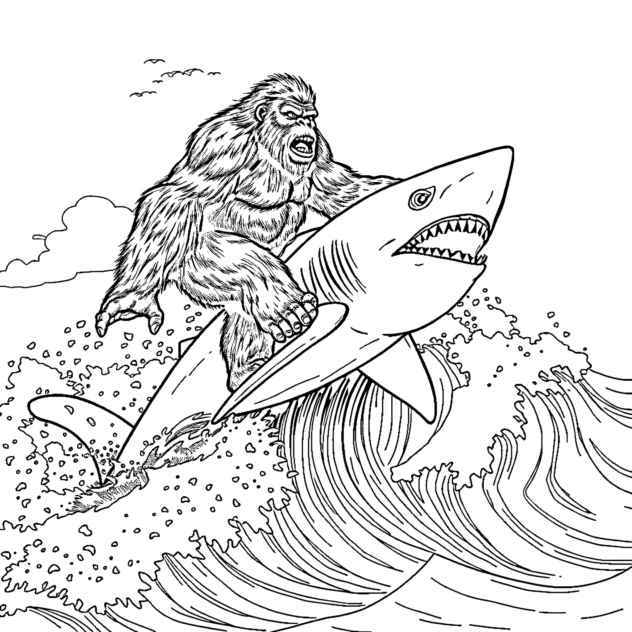 Bigfoot surfing on a gigantic shark Coloring Page (free black-and-white line drawing printable PDF for all, from beginners to advanced learners, including children, teens, adults, and seniors)
