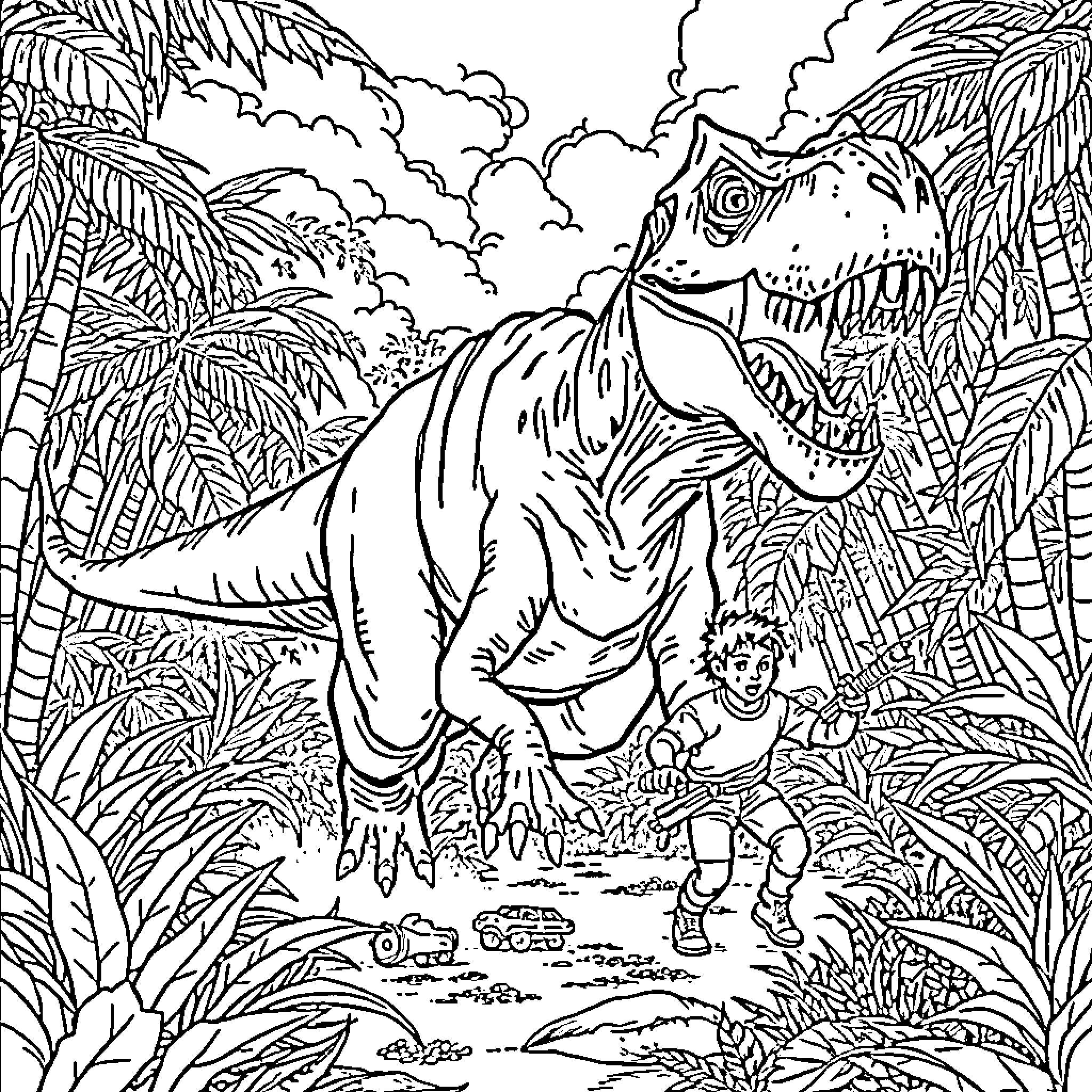 Dinosaur in the Jungle with Human Companion Coloring Page (free black-and-white line drawing printable PDF for all, from beginners to advanced learners, including children, teens, adults, and seniors)