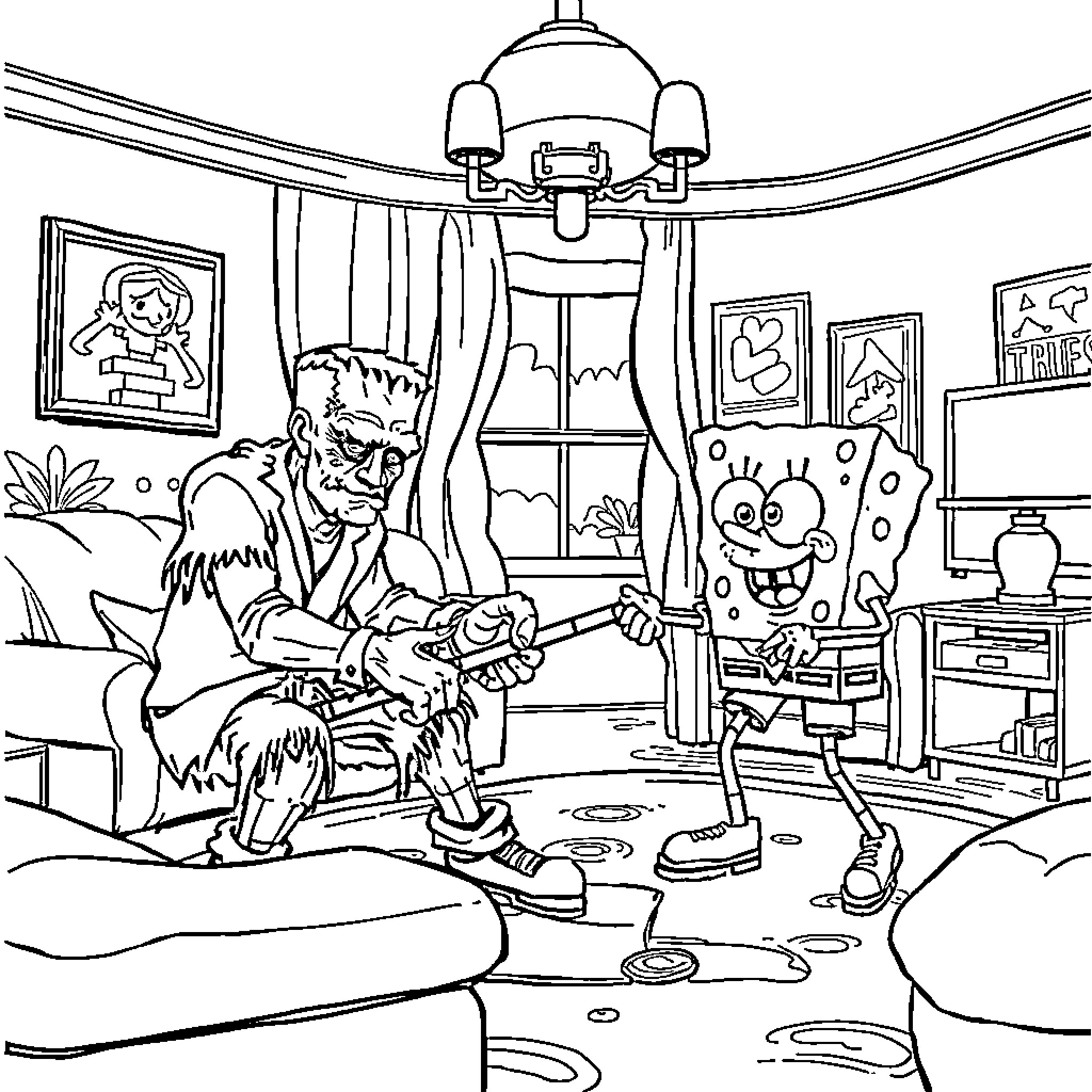 Frankenstein's Monster Confronting SpongeBob in Disarray Coloring Page (free black-and-white line drawing printable PDF for all, from beginners to advanced learners, including children, teens, adults, and seniors)