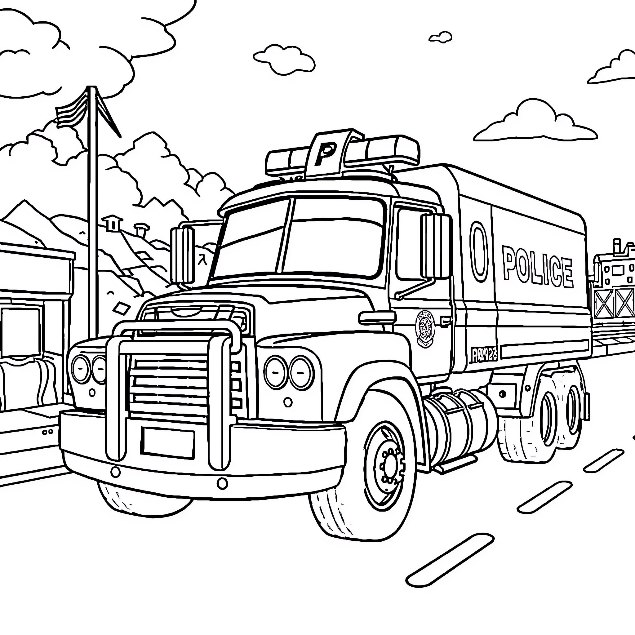 Police Truck Responding to Emergency Call Coloring Page (free black-and-white line drawing printable PDF for all, from beginners to advanced learners, including children, teens, adults, and seniors)