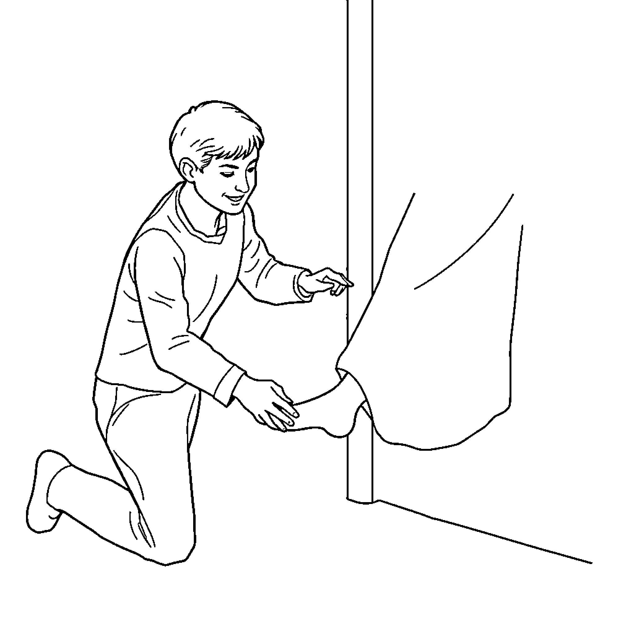 Man kneeling and reaching for something Coloring Page (free black-and-white line drawing printable PDF for all, from beginners to advanced learners, including children, teens, adults, and seniors)