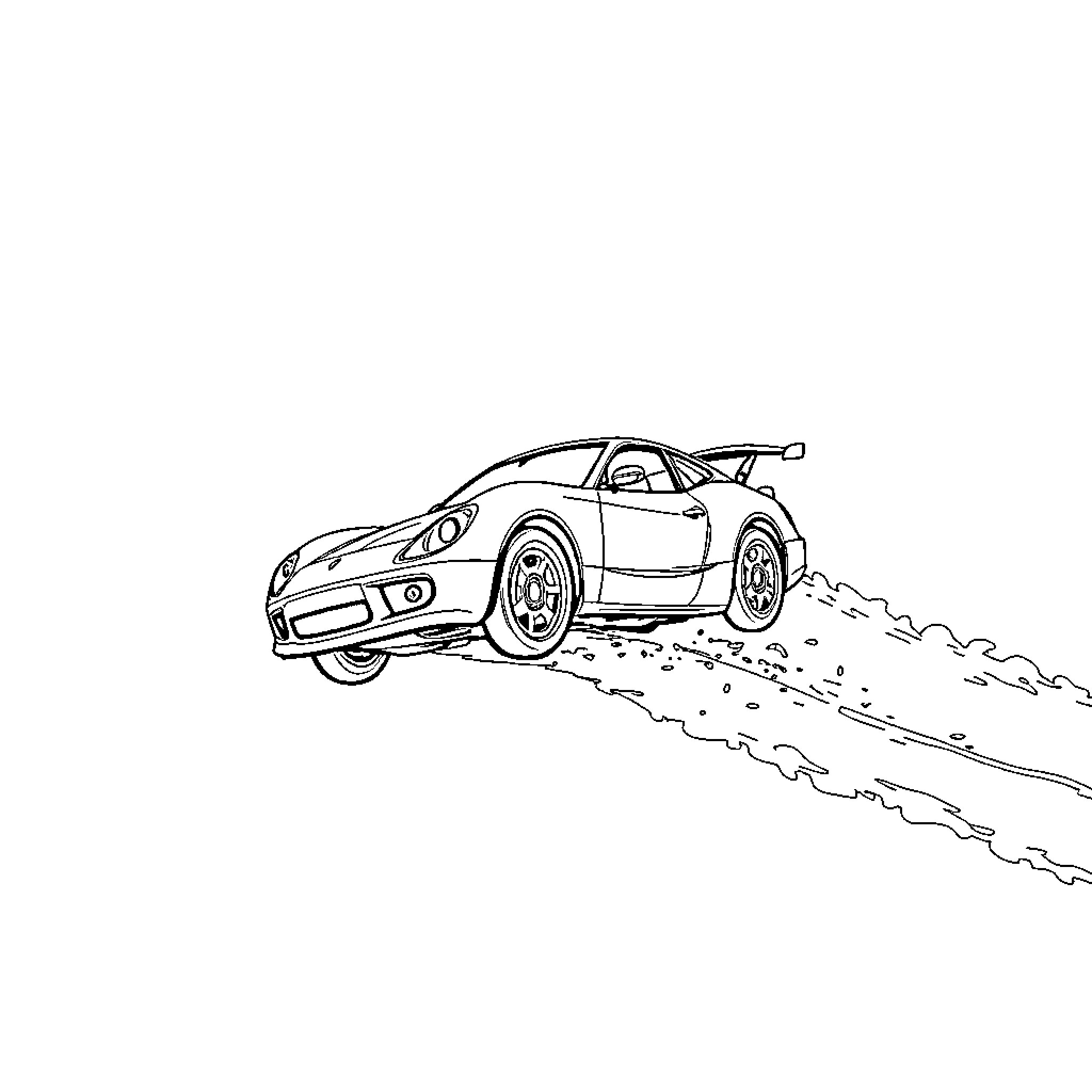 Flying Car Leaping Over Obstacles Coloring Page (free black-and-white line drawing printable PDF for all, from beginners to advanced learners, including children, teens, adults, and seniors)