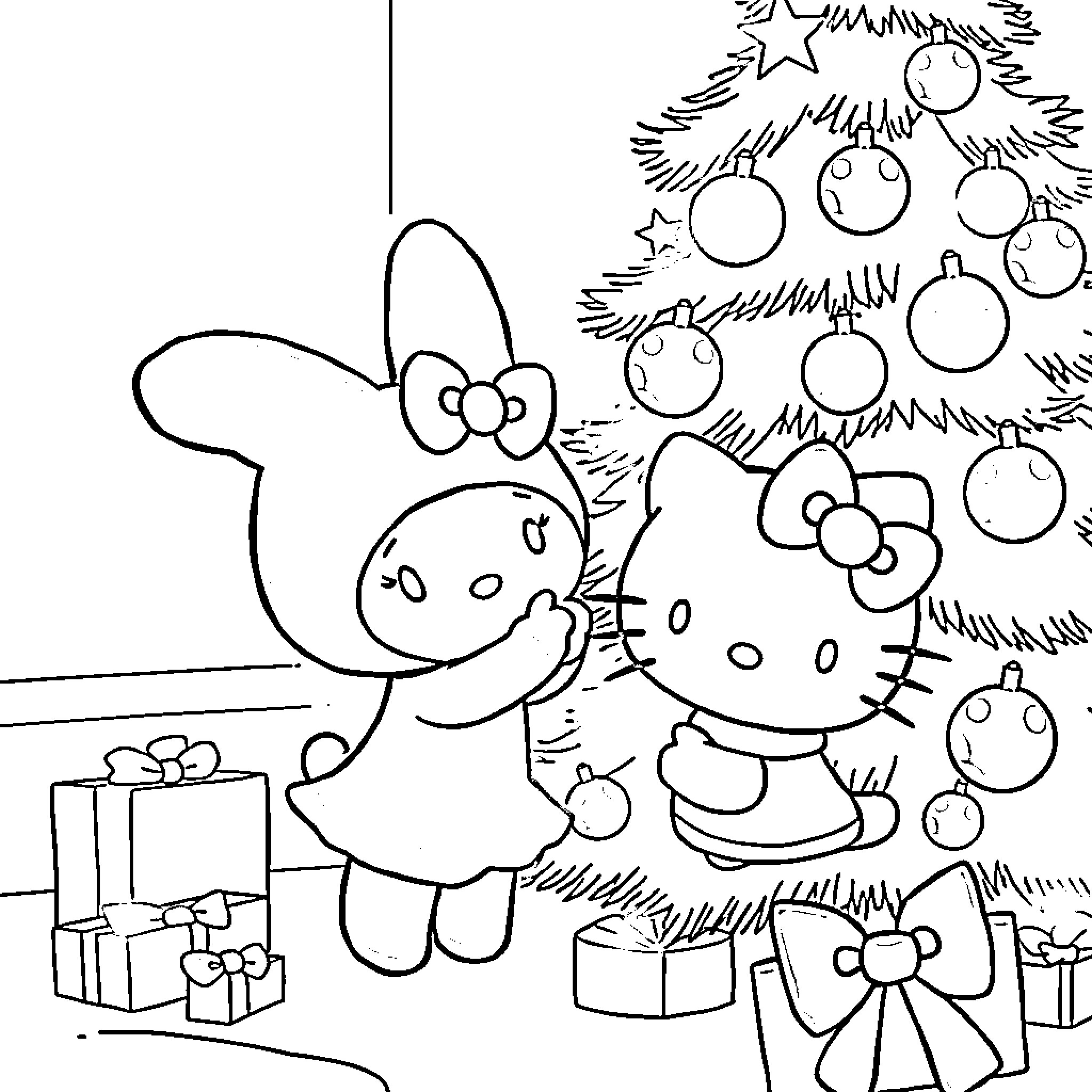 My Melody Decorating Christmas Tree with Gifts Coloring Page (free black-and-white line drawing printable PDF for all, from beginners to advanced learners, including children, teens, adults, and seniors)