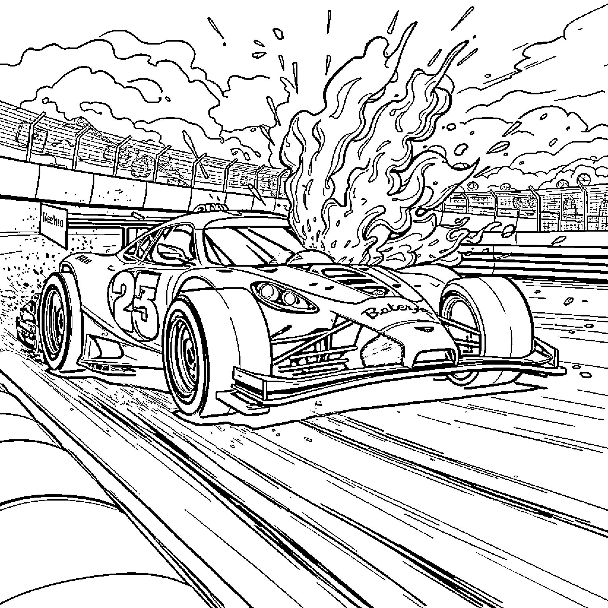 Race Car in High-Speed Action on the Track Coloring Page (free black-and-white line drawing printable PDF for all, from beginners to advanced learners, including children, teens, adults, and seniors)