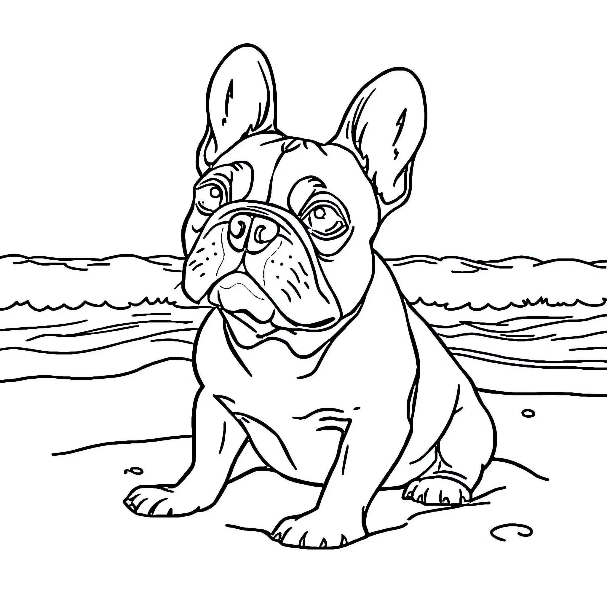 French Bulldog enjoying the beach scenery Coloring Page (free black-and-white line drawing printable PDF for all, from beginners to advanced learners, including children, teens, adults, and seniors)