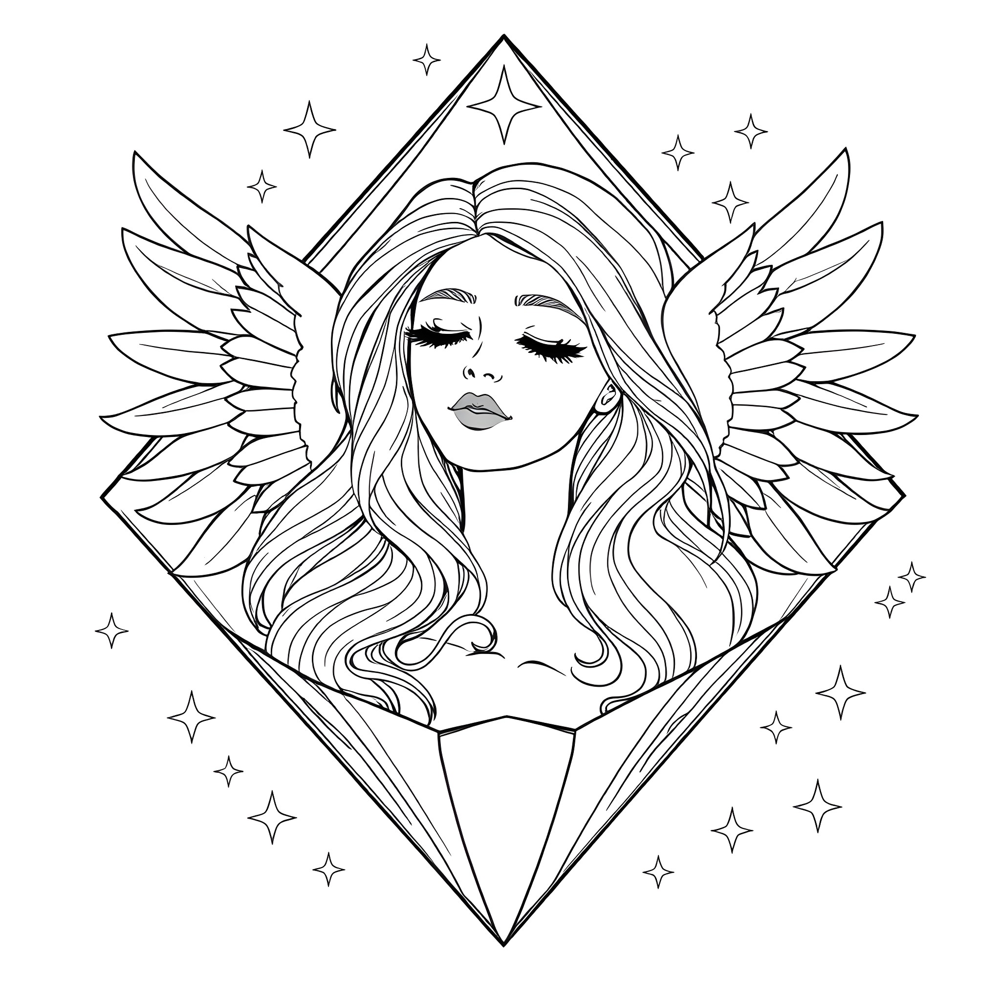 Woman with wings and stars in a diamond-shaped frame Coloring Page (free black-and-white line drawing printable PDF for all, from beginners to advanced learners, including children, teens, adults, and seniors)