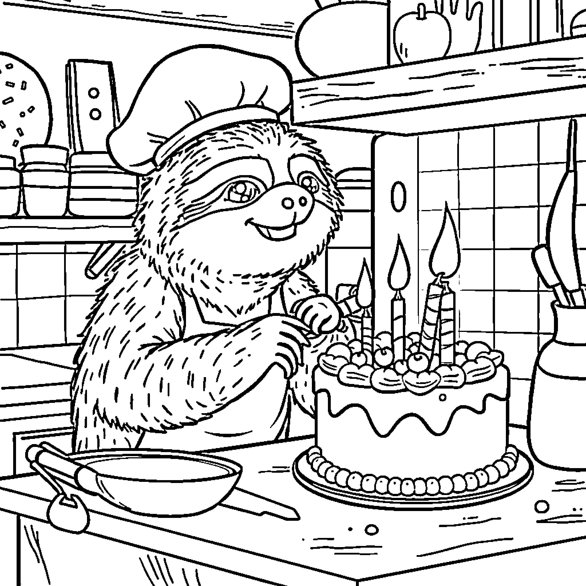 Sloth enjoying a birthday cake in the kitchen Coloring Page (free black-and-white line drawing printable PDF for all, from beginners to advanced learners, including children, teens, adults, and seniors)