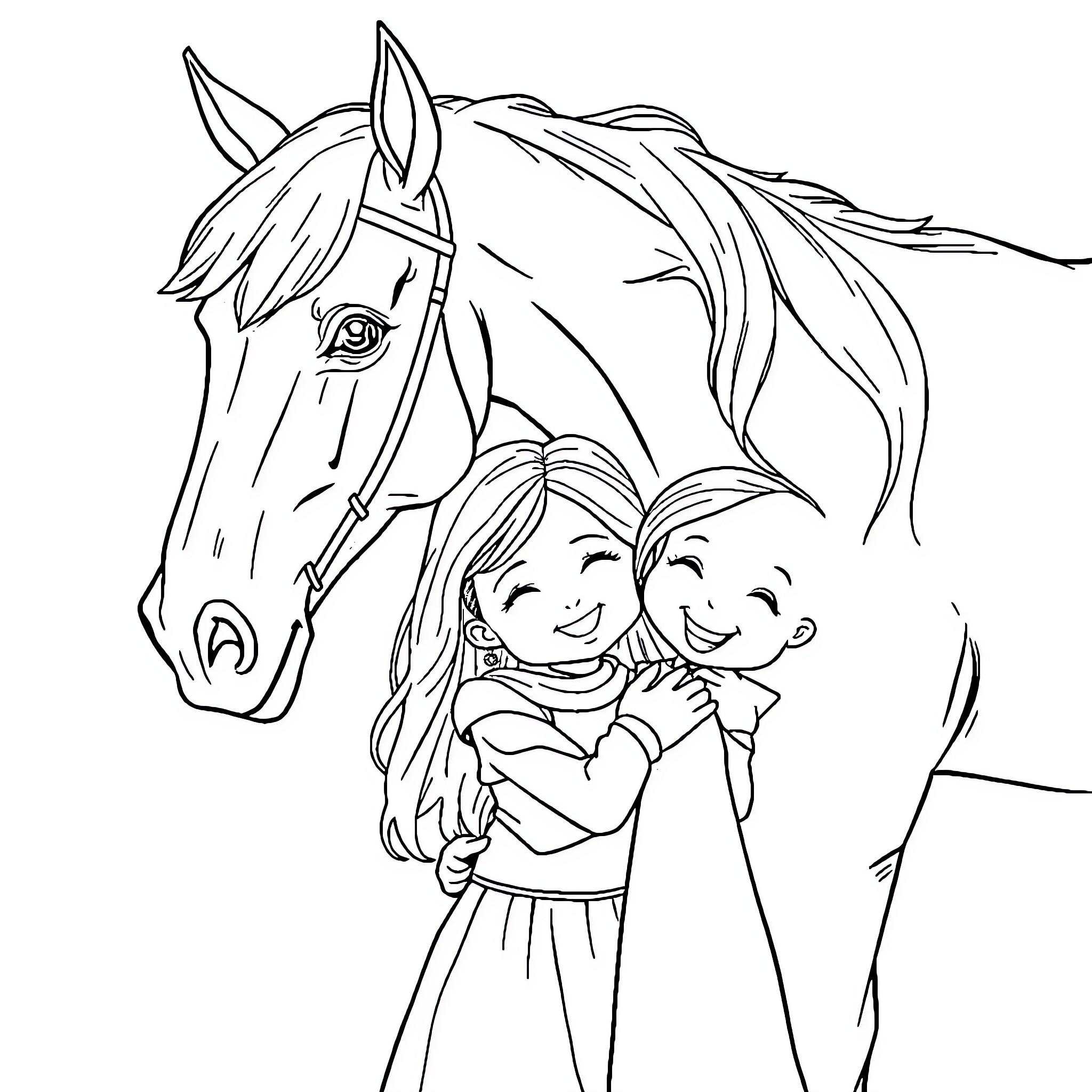 Horse and happy children enjoying time together Coloring Page (free black-and-white line drawing printable PDF for all, from beginners to advanced learners, including children, teens, adults, and seniors)