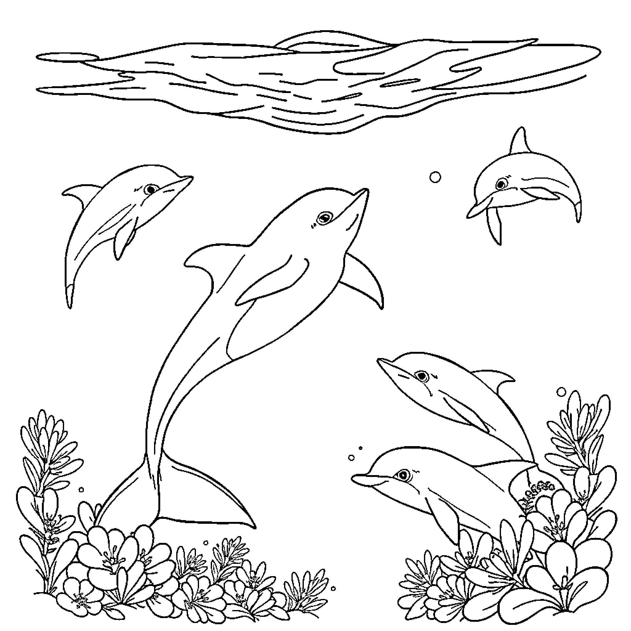 Sirenita's Undersea Delight: Dolphins Frolicking Amid Vibrant Florals Coloring Page (free black-and-white line drawing printable PDF for all, from beginners to advanced learners, including children, teens, adults, and seniors)