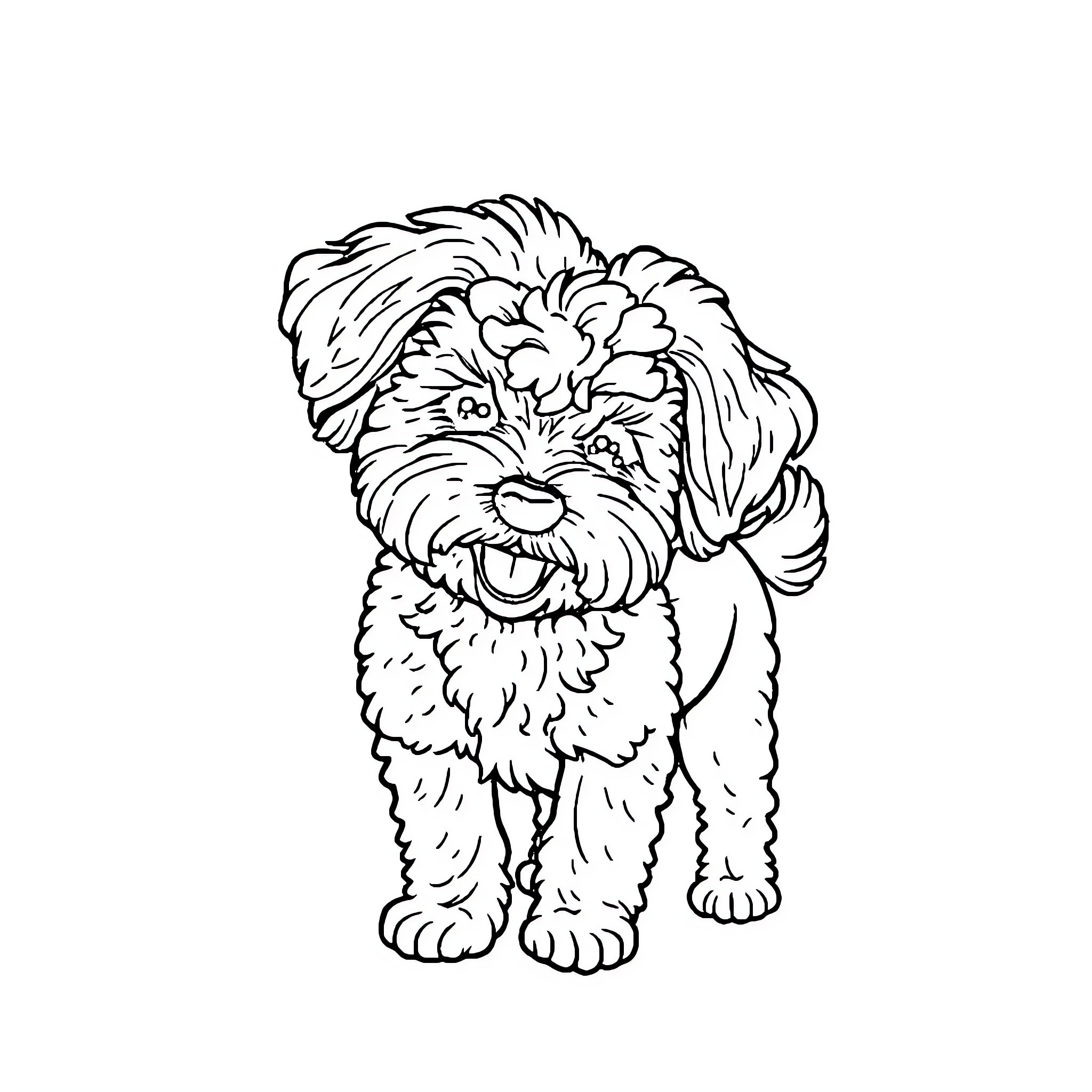 Bichon Frise playing happily on the lawn Coloring Page (free black-and-white line drawing printable PDF for all, from beginners to advanced learners, including children, teens, adults, and seniors)