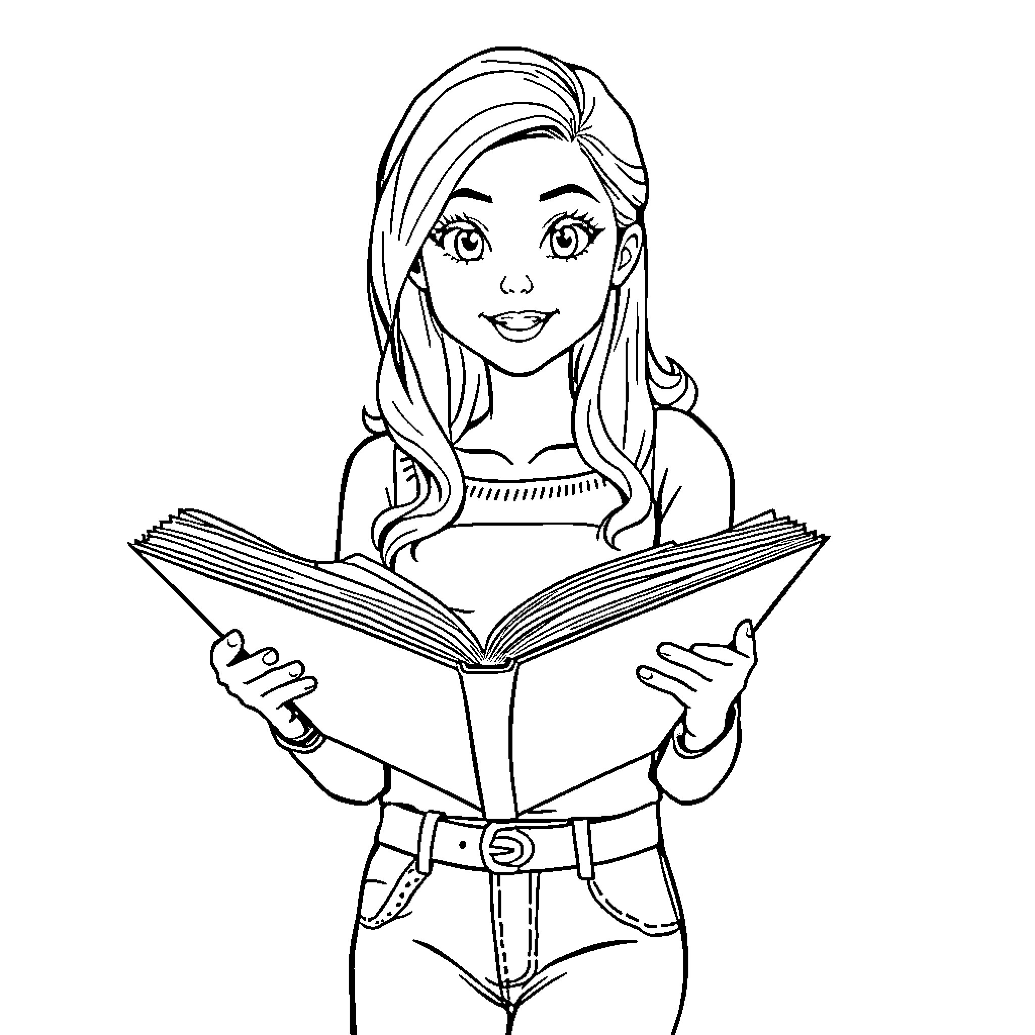 Book about a girl reading happily Coloring Page (free black-and-white line drawing printable PDF for all, from beginners to advanced learners, including children, teens, adults, and seniors)