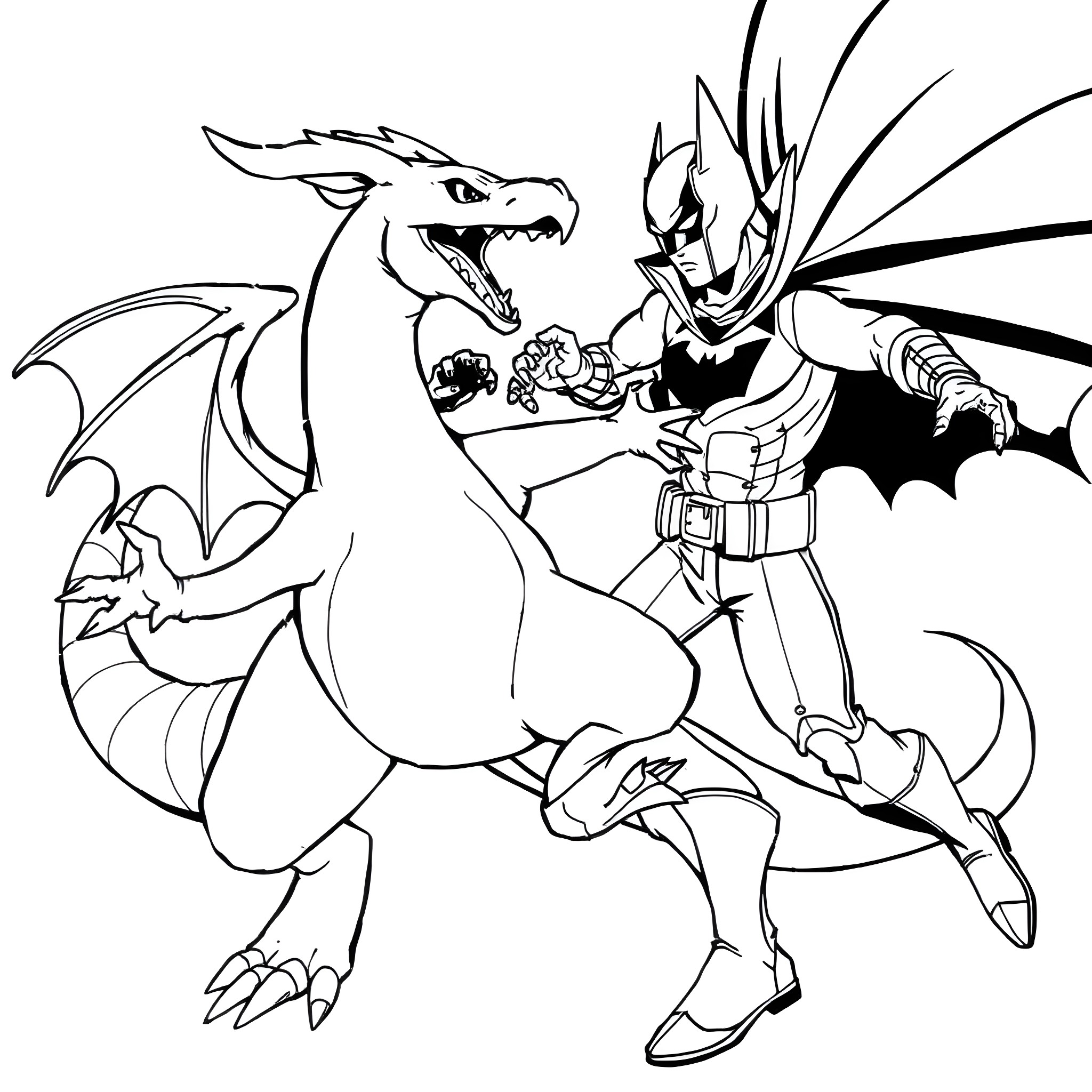Charizard Battling Superhero in Epic Showdown Coloring Page (free black-and-white line drawing printable PDF for all, from beginners to advanced learners, including children, teens, adults, and seniors)