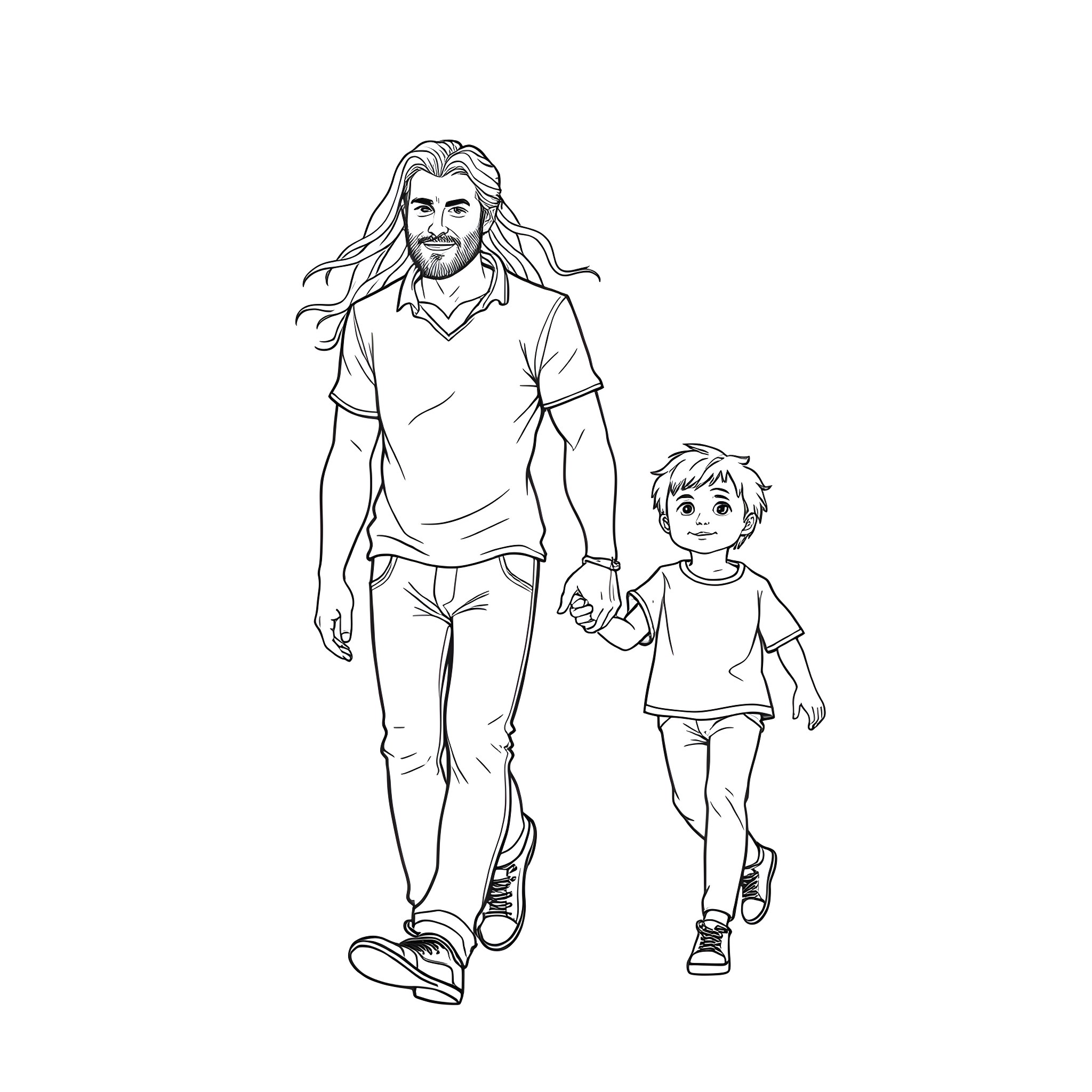 Dad and son walking together happily Coloring Page (free black-and-white line drawing printable PDF for all, from beginners to advanced learners, including children, teens, adults, and seniors)