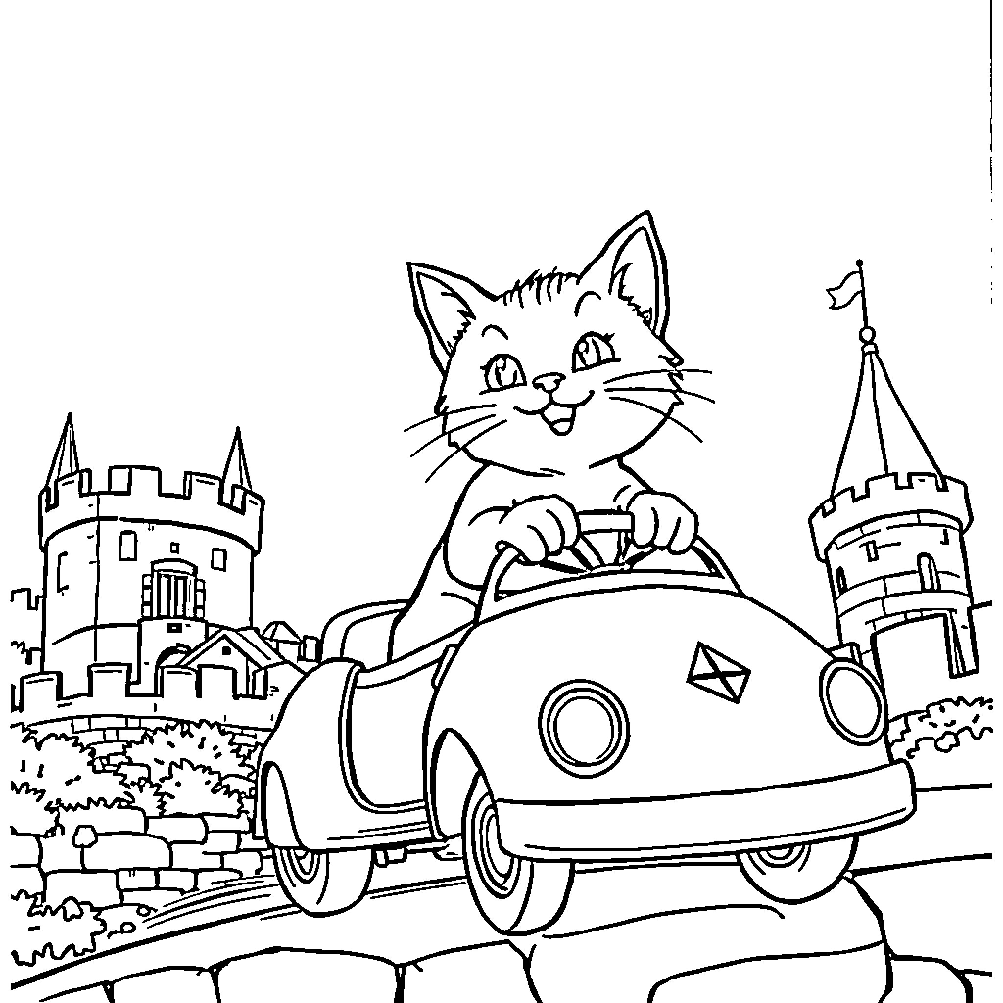 Cat driving a car in front of a castle Coloring Page (free black-and-white line drawing printable PDF for all, from beginners to advanced learners, including children, teens, adults, and seniors)