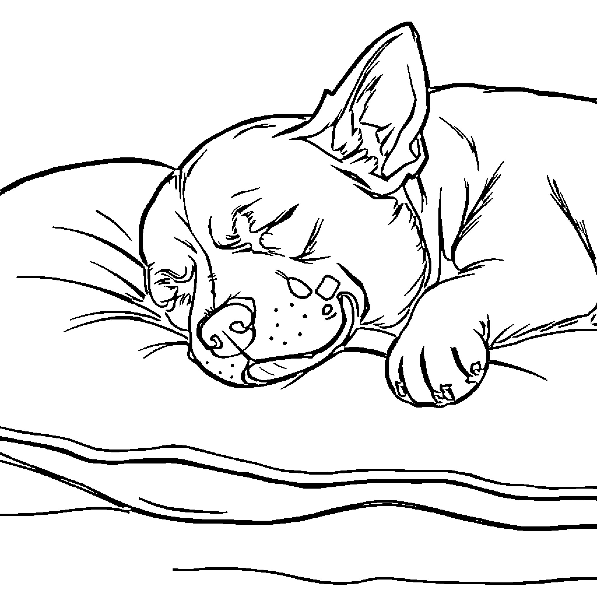 Dog sleeping peacefully in the grass Coloring Page (free black-and-white line drawing printable PDF for all, from beginners to advanced learners, including children, teens, adults, and seniors)
