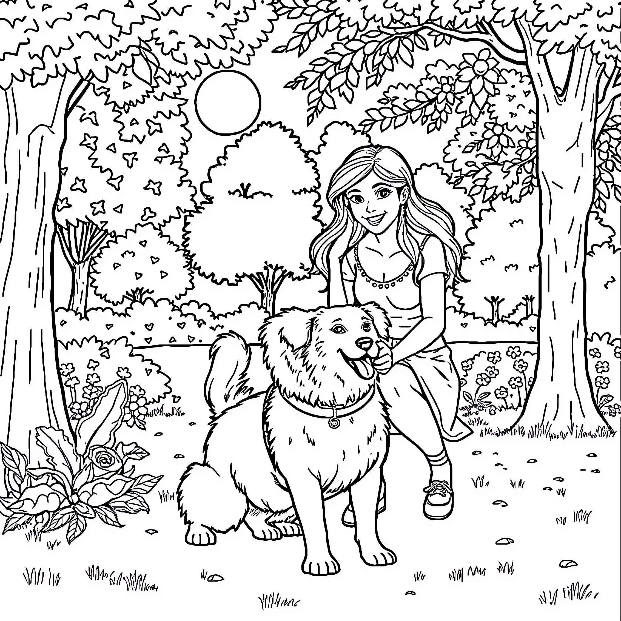 Diana walking her loyal dog in the forest Coloring Page (free black-and-white line drawing printable PDF for all, from beginners to advanced learners, including children, teens, adults, and seniors)