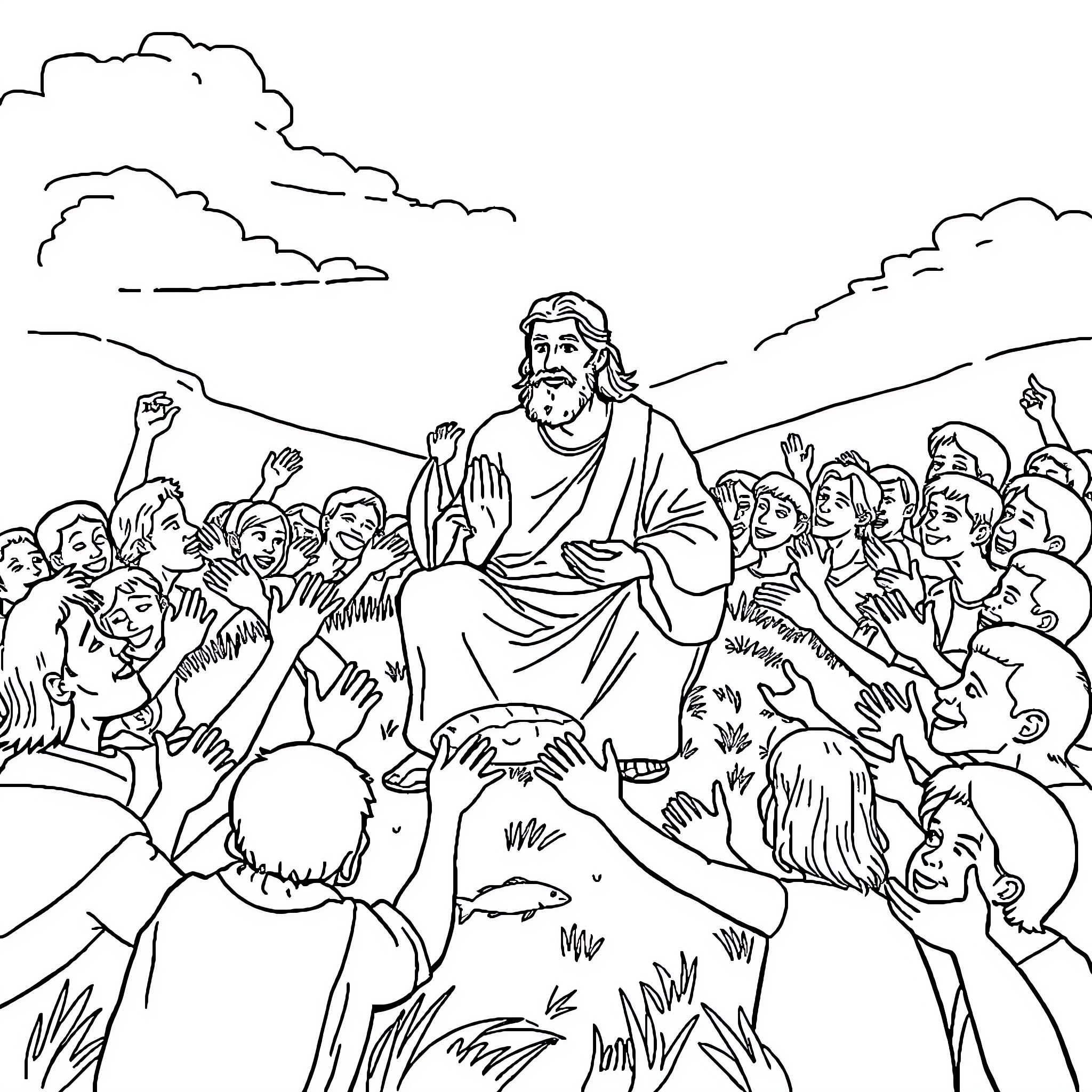 Jesus Preaching to a Crowd in the Countryside Coloring Page (free black-and-white line drawing printable PDF for all, from beginners to advanced learners, including children, teens, adults, and seniors)