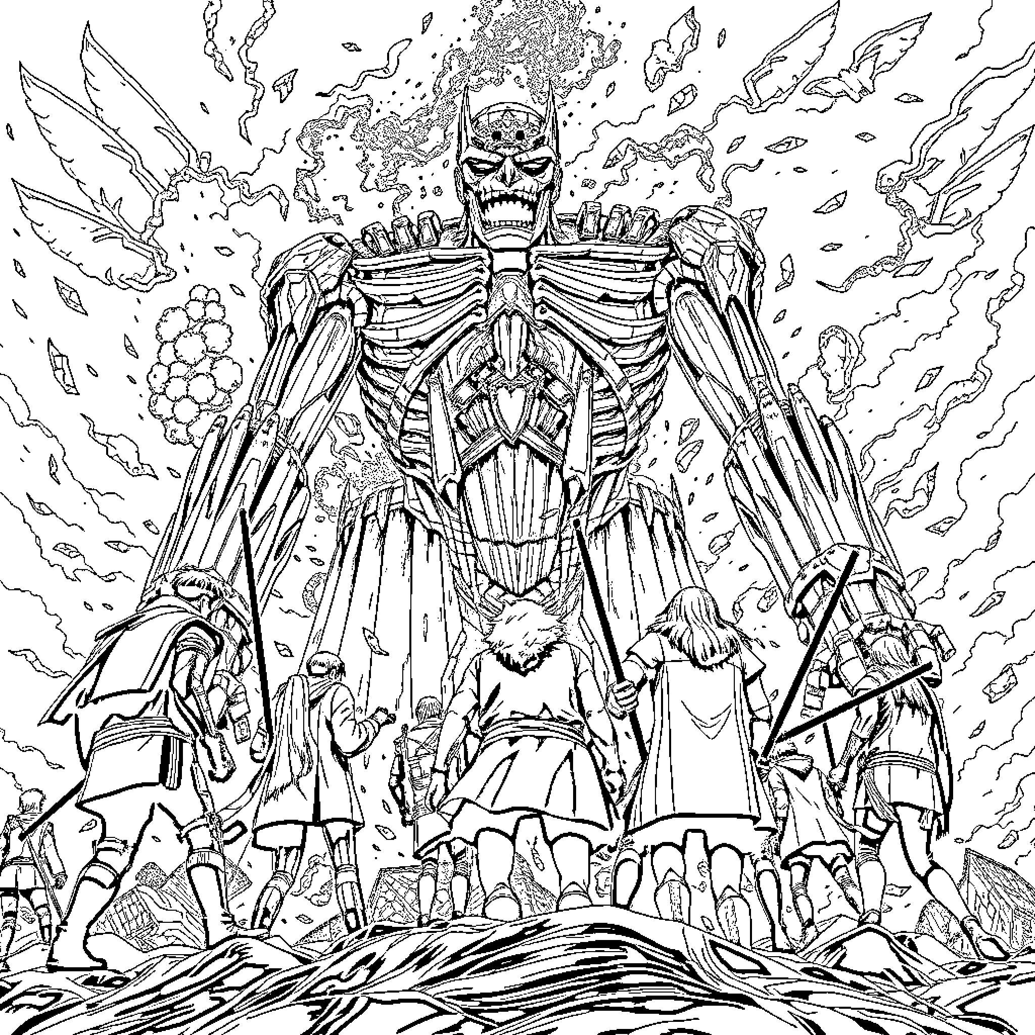 Attack on Titan: Colossal Titan's Destructive Rampage Coloring Page (free black-and-white line drawing printable PDF for all, from beginners to advanced learners, including children, teens, adults, and seniors)