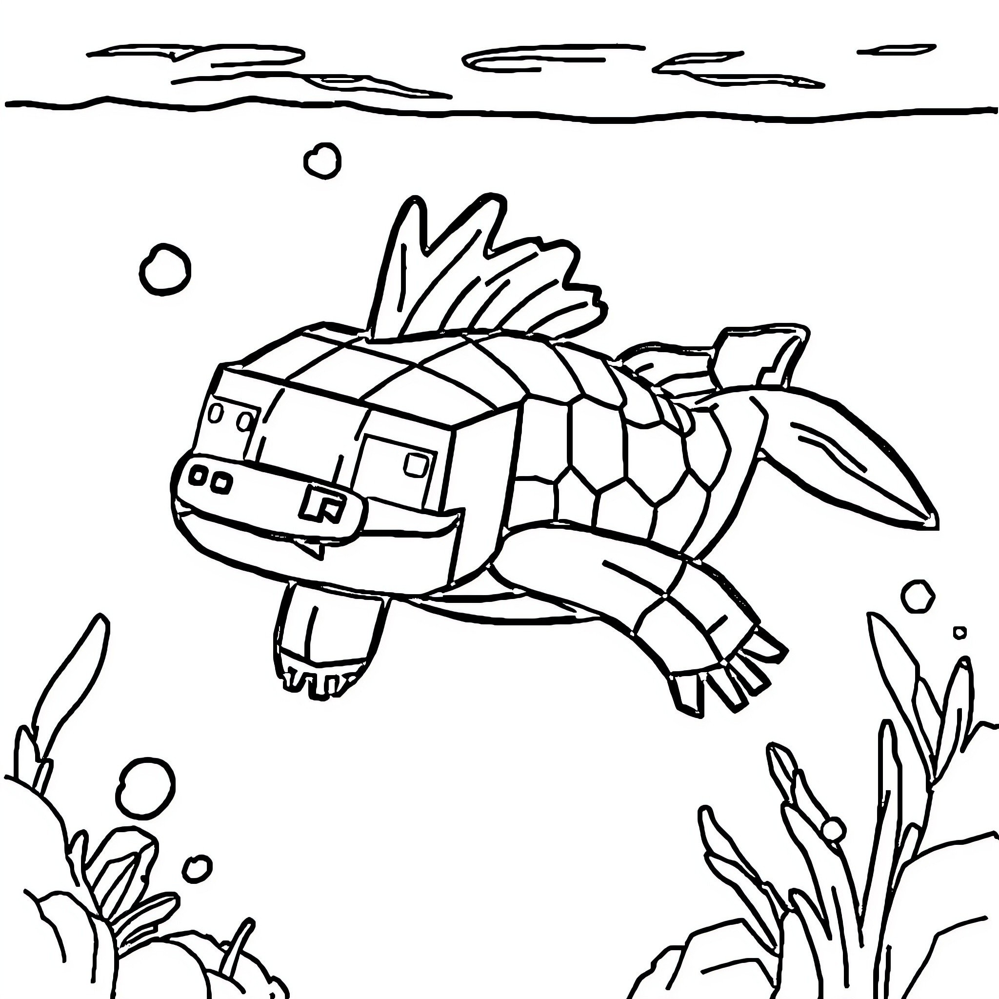 Axolotl exploring the underwater world Coloring Page (free black-and-white line drawing printable PDF for all, from beginners to advanced learners, including children, teens, adults, and seniors)
