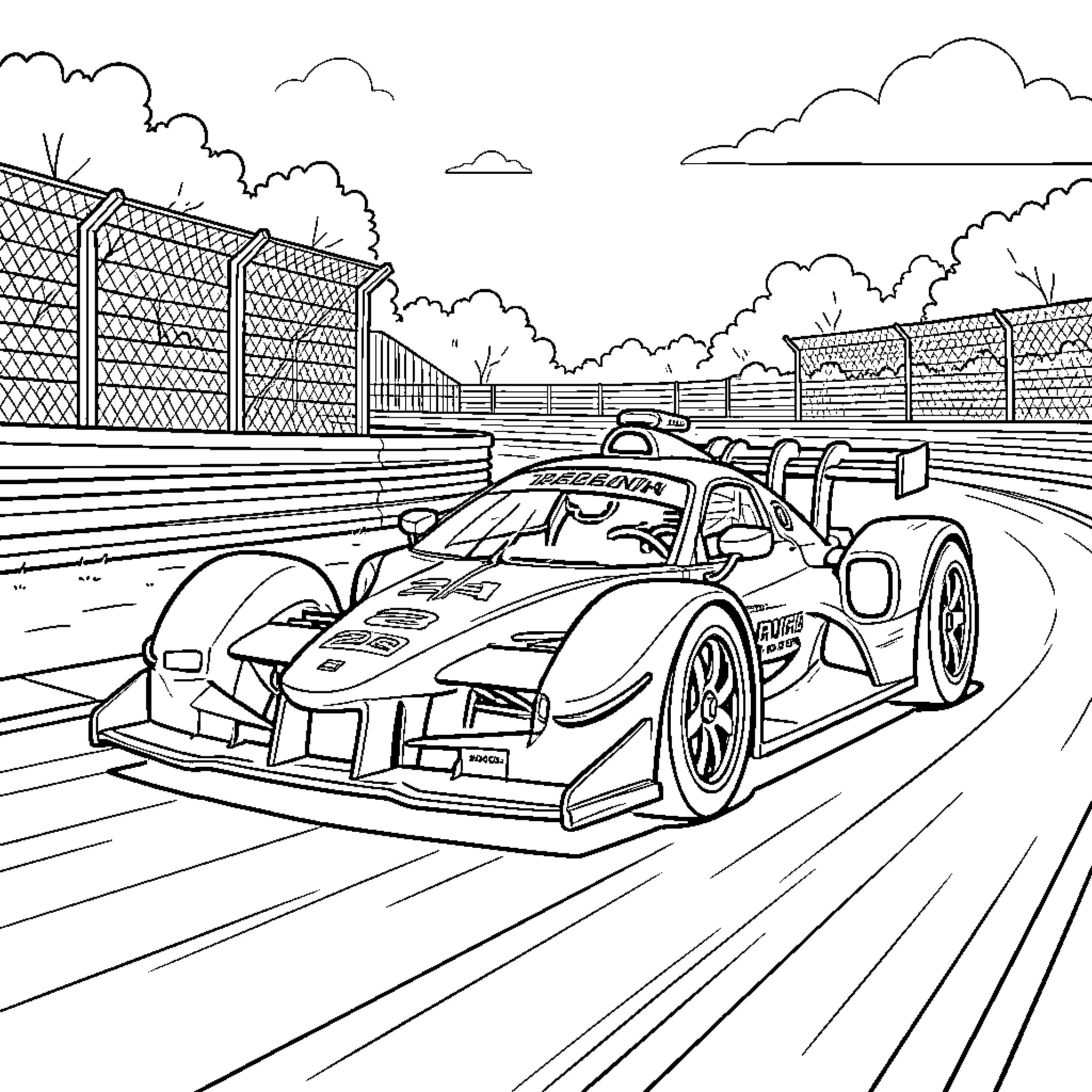 Car racing fast on a professional track Coloring Page (free black-and-white line drawing printable PDF for all, from beginners to advanced learners, including children, teens, adults, and seniors)