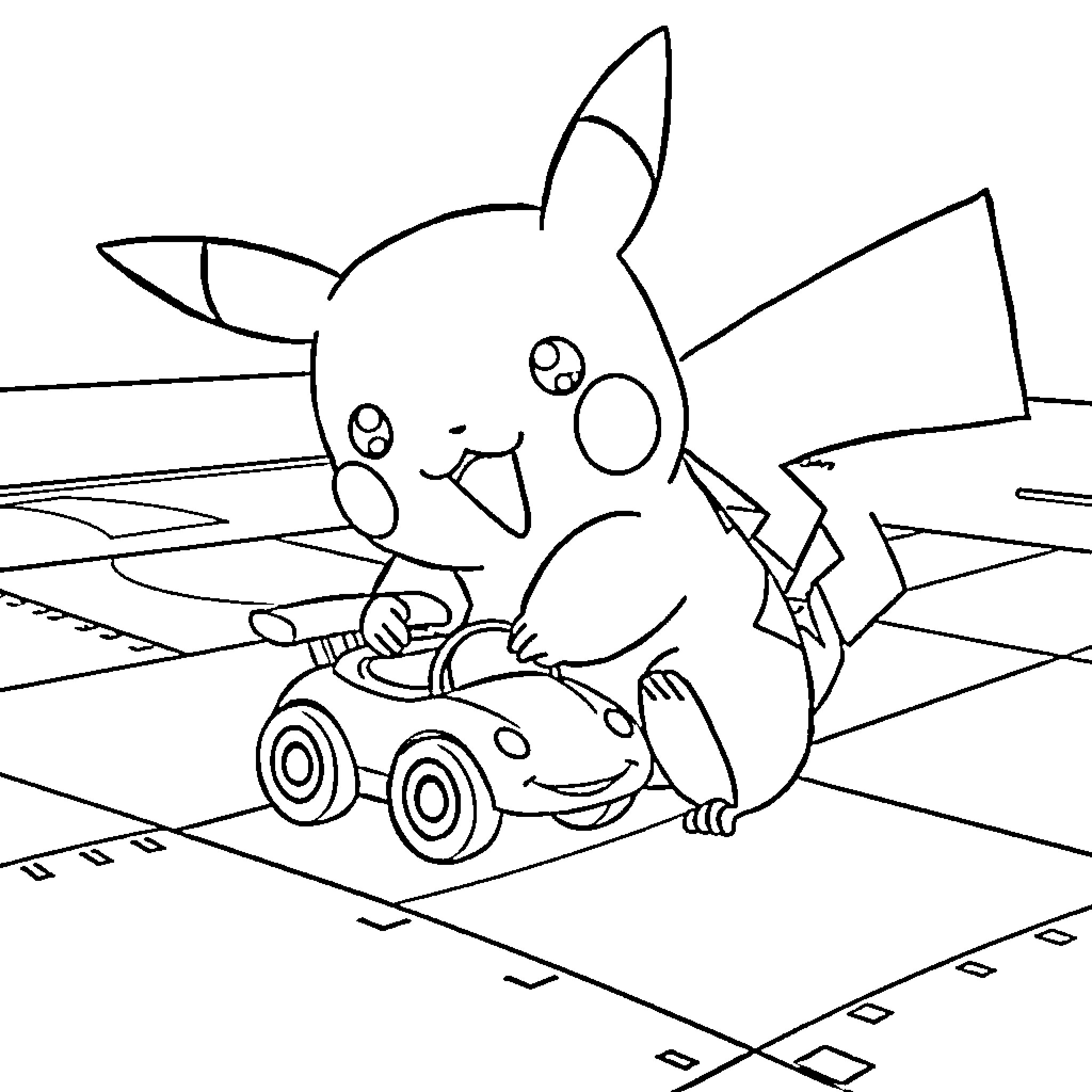Pikachu riding a car happily Coloring Page (free black-and-white line drawing printable PDF for all, from beginners to advanced learners, including children, teens, adults, and seniors)