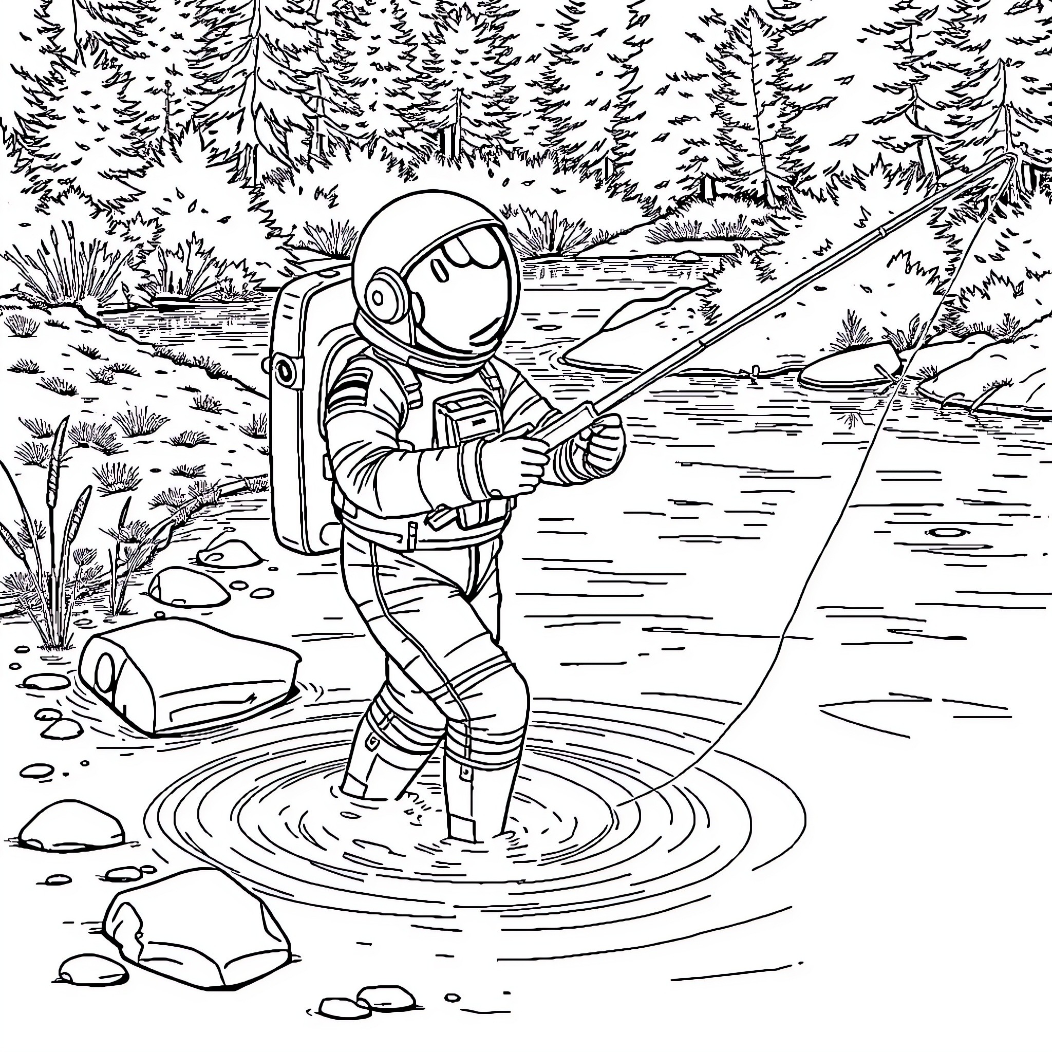 Astronaut fishing in a tranquil forest lake Coloring Page (free black-and-white line drawing printable PDF for all, from beginners to advanced learners, including children, teens, adults, and seniors)
