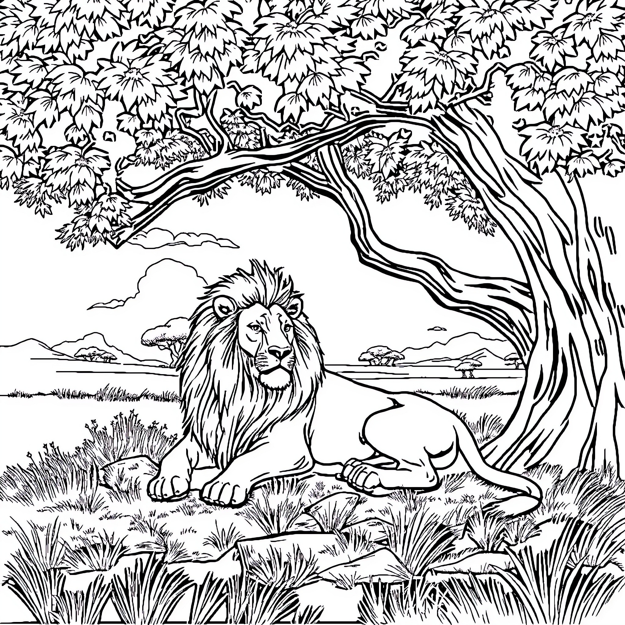 Lion resting in the natural landscape Coloring Page (free black-and-white line drawing printable PDF for all, from beginners to advanced learners, including children, teens, adults, and seniors)