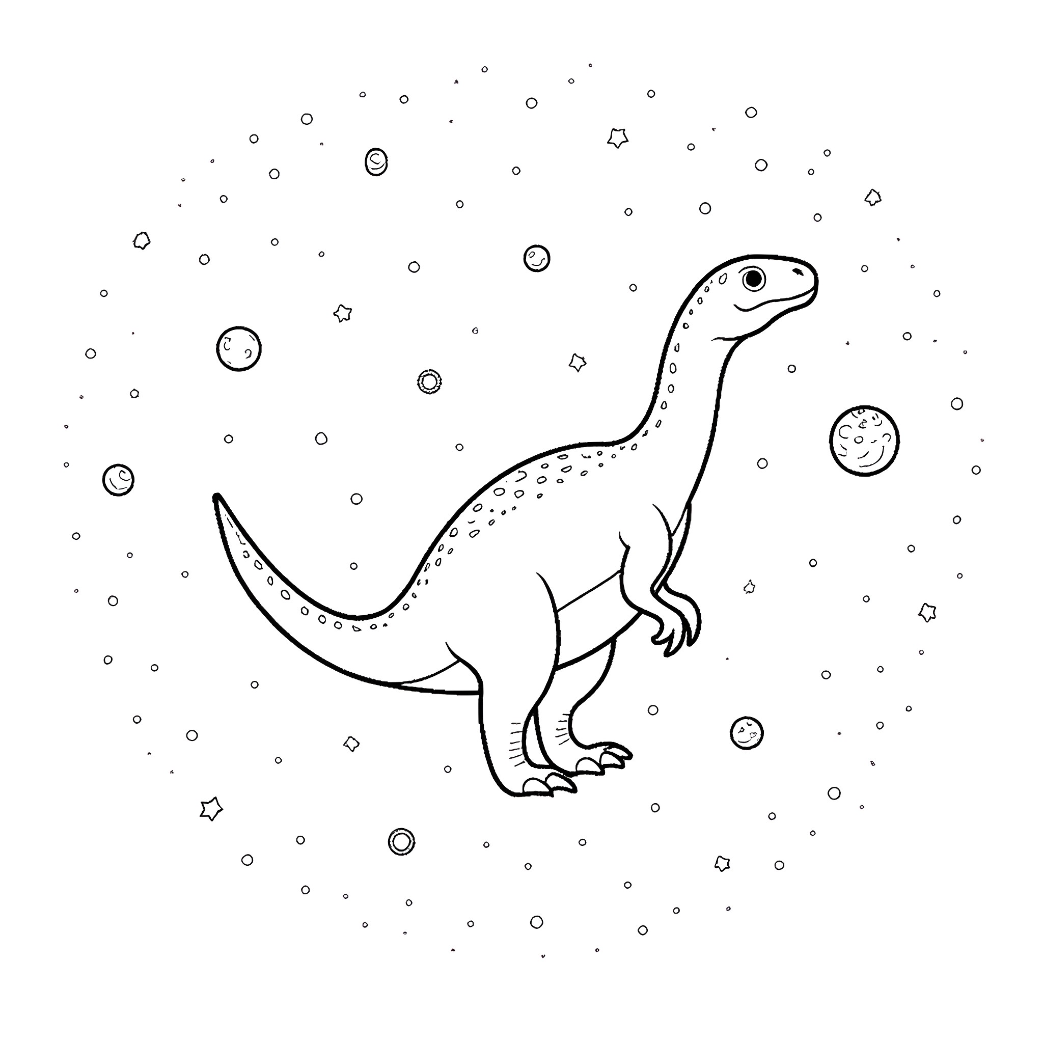 Dinosaur in a cosmic space Coloring Page (free black-and-white line drawing printable PDF for all, from beginners to advanced learners, including children, teens, adults, and seniors)