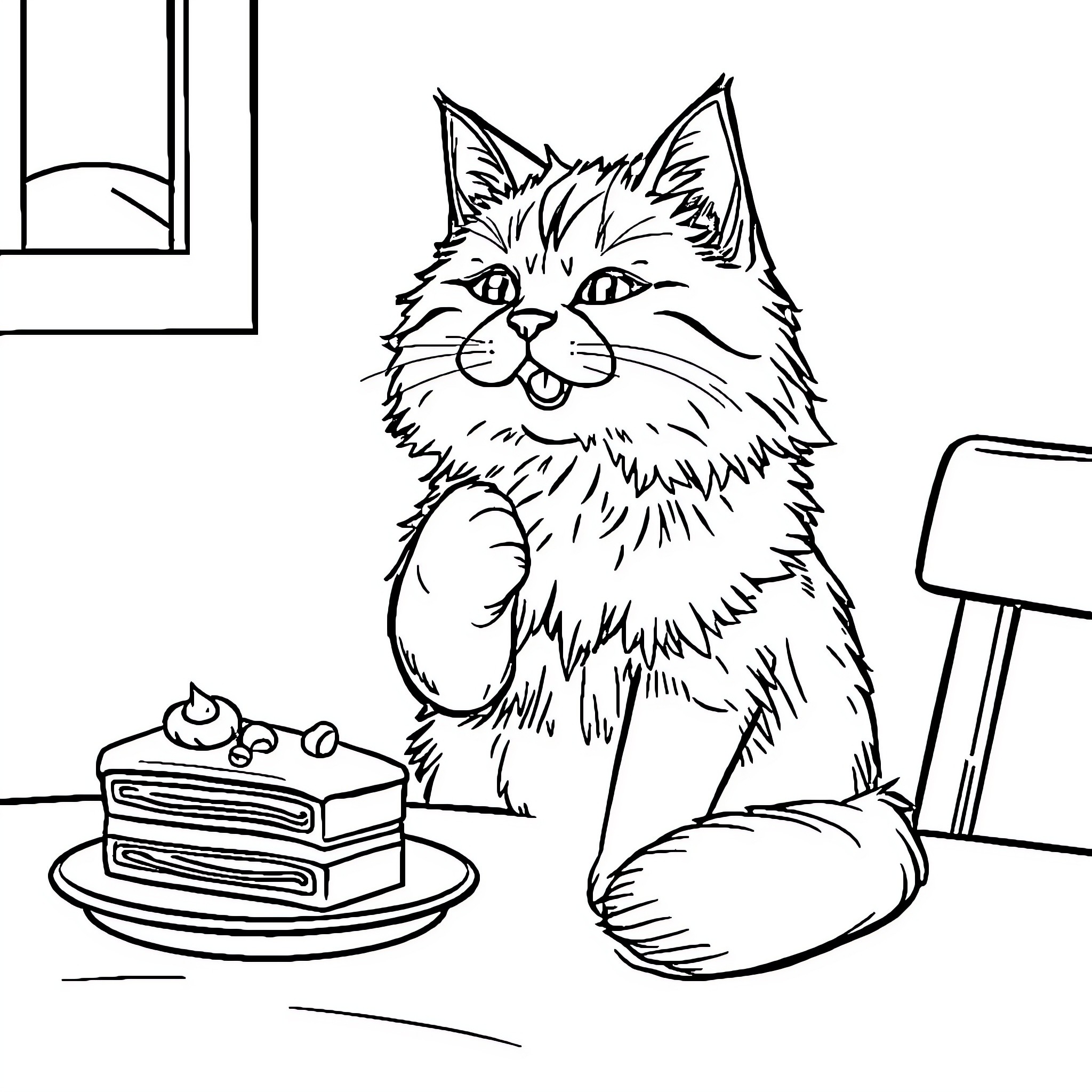Cat eyeing a tasty cake on the table Coloring Page (free black-and-white line drawing printable PDF for all, from beginners to advanced learners, including children, teens, adults, and seniors)