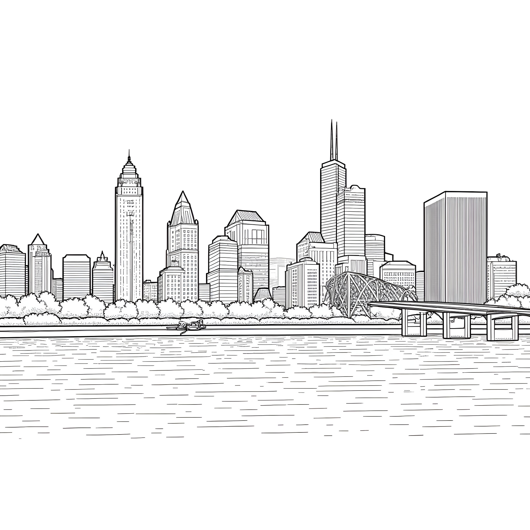 Hotel with towering skyscrapers overlooking a river Coloring Page (free black-and-white line drawing printable PDF for all, from beginners to advanced learners, including children, teens, adults, and seniors)