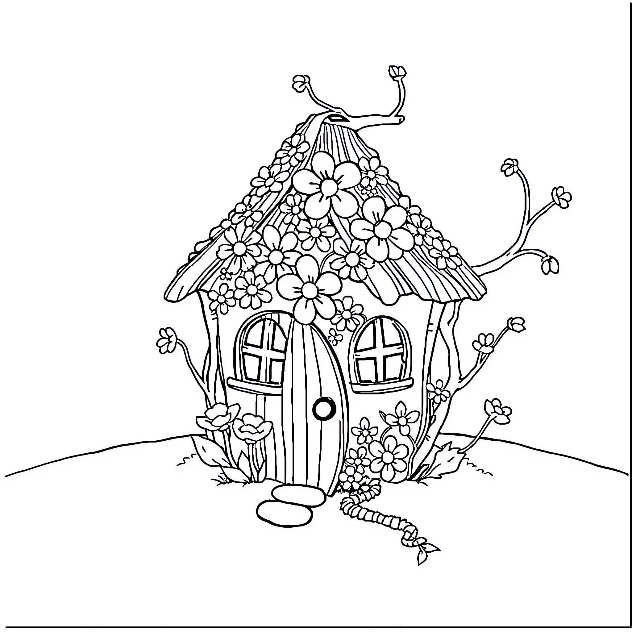 Fairy House with Floral Decor and Whimsical Details Coloring Page (free black-and-white line drawing printable PDF for all, from beginners to advanced learners, including children, teens, adults, and seniors)