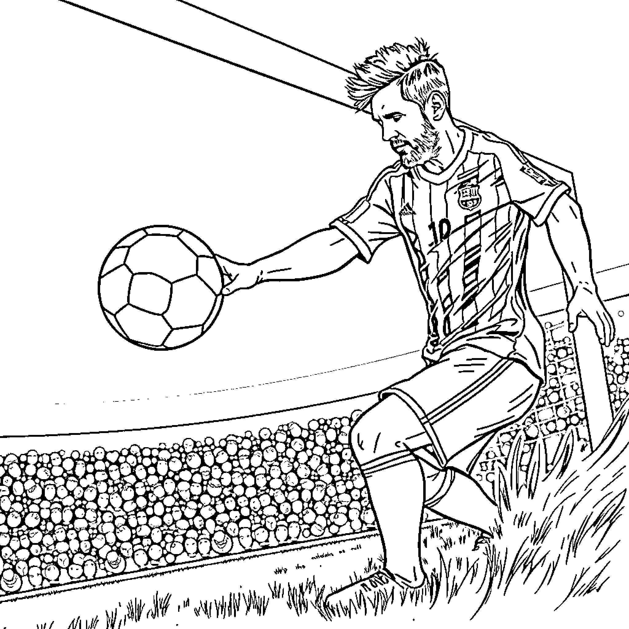 Messi playing football with passion on the field Coloring Page (free black-and-white line drawing printable PDF for all, from beginners to advanced learners, including children, teens, adults, and seniors)