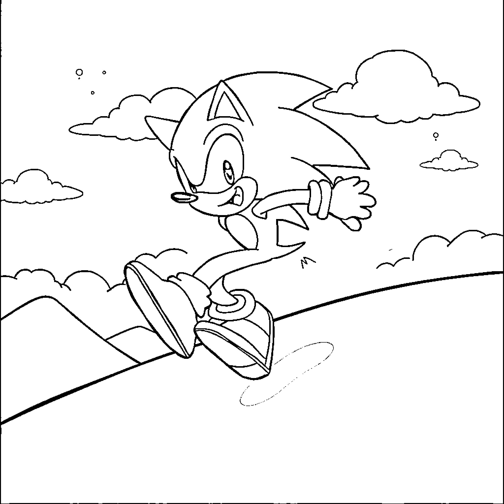 Sonic the Hedgehog running speedily through the landscape Coloring Page (free black-and-white line drawing printable PDF for all, from beginners to advanced learners, including children, teens, adults, and seniors)