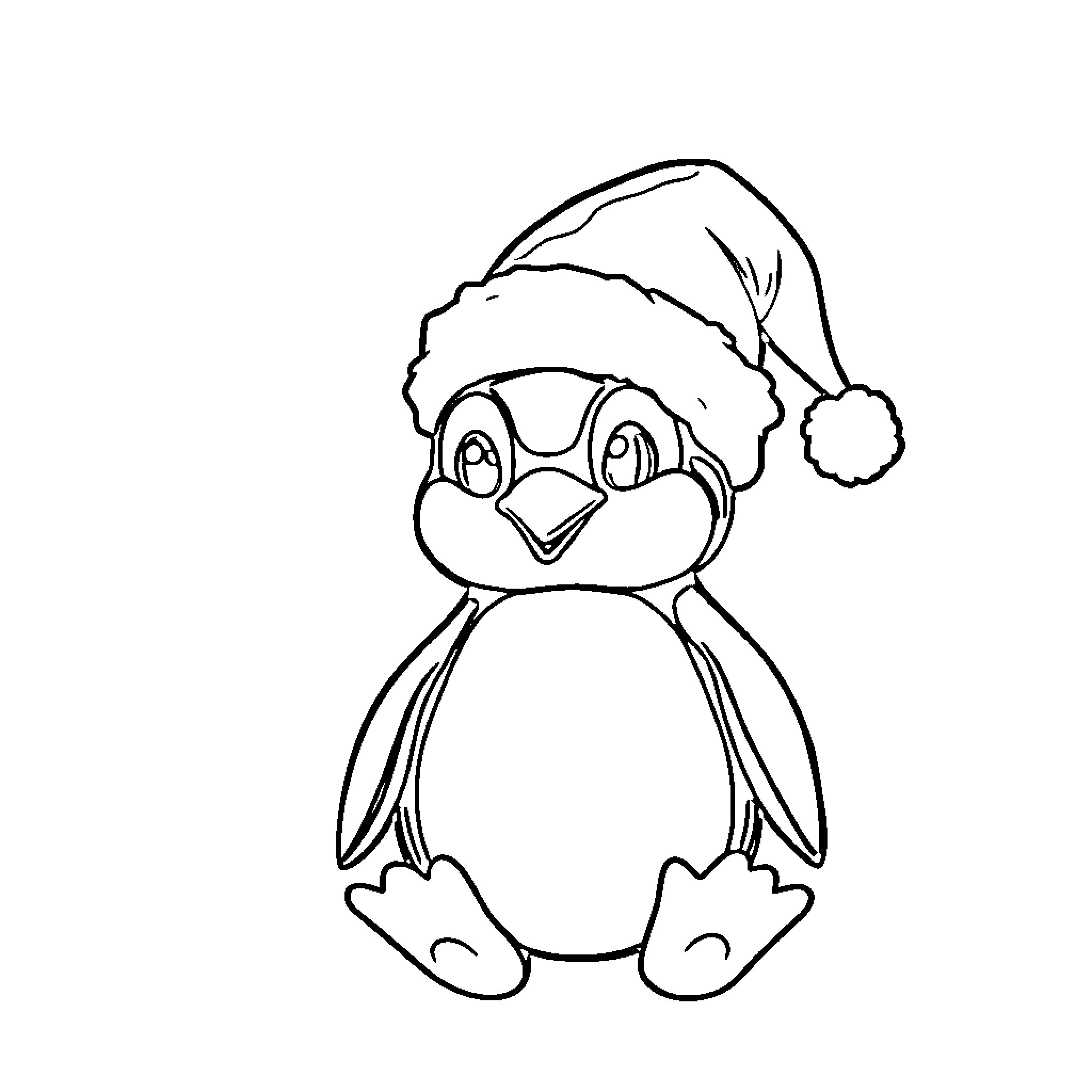 Penguin wearing a Santa hat Coloring Page (free black-and-white line drawing printable PDF for all, from beginners to advanced learners, including children, teens, adults, and seniors)