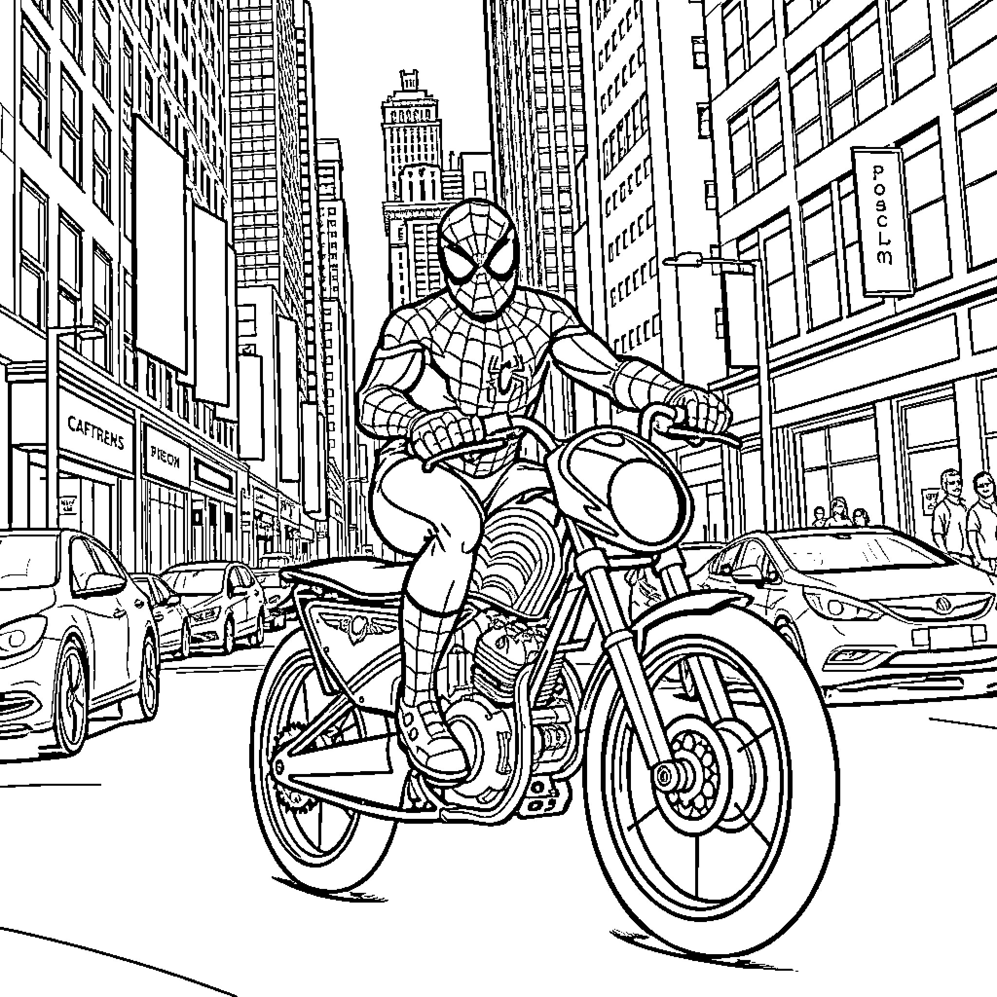 Spider-Man Riding Motorcycle in the City Coloring Page (free black-and-white line drawing printable PDF for all, from beginners to advanced learners, including children, teens, adults, and seniors)