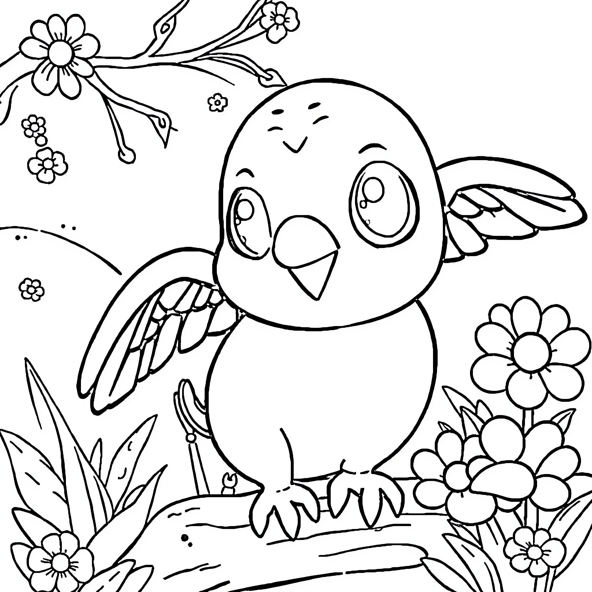 Duck in a floral garden Coloring Page (free black-and-white line drawing printable PDF for all, from beginners to advanced learners, including children, teens, adults, and seniors)