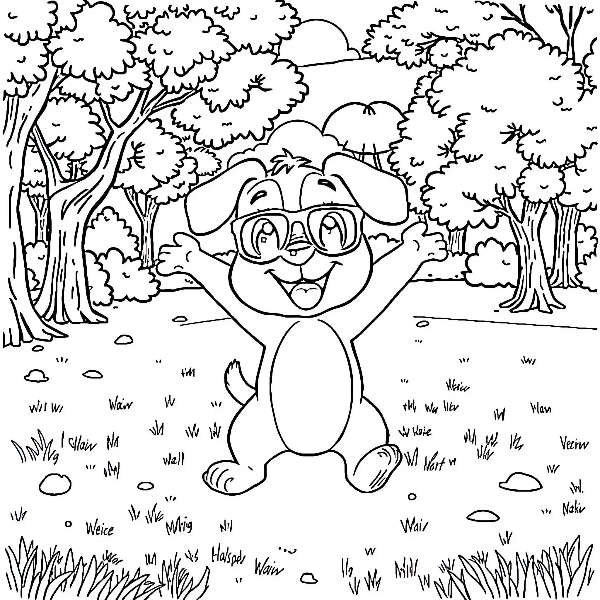 Bluey enjoying a fun day in the forest Coloring Page (free black-and-white line drawing printable PDF for all, from beginners to advanced learners, including children, teens, adults, and seniors)