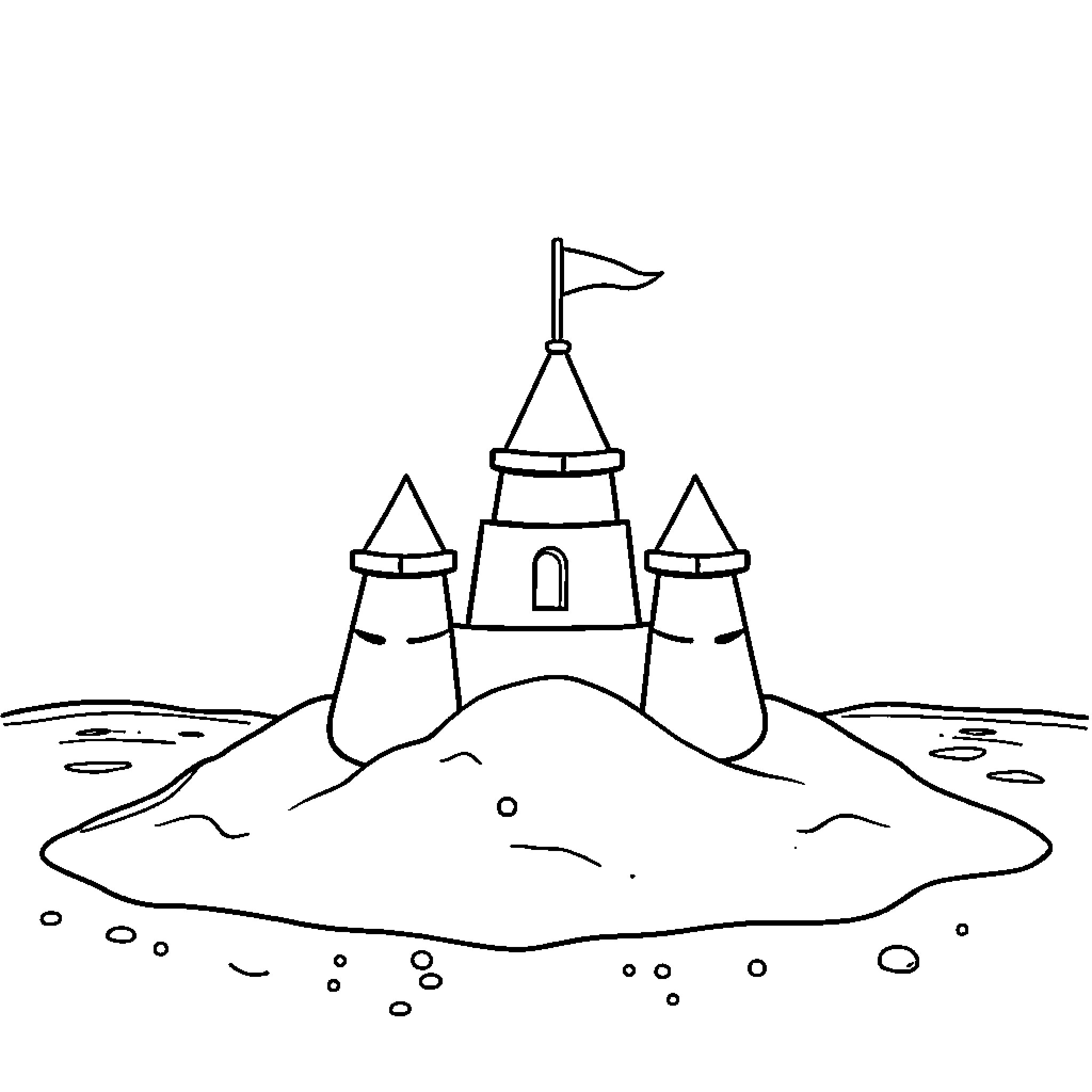 Sandcastle with towers and flag on the beach Coloring Page (free black-and-white line drawing printable PDF for all, from beginners to advanced learners, including children, teens, adults, and seniors)