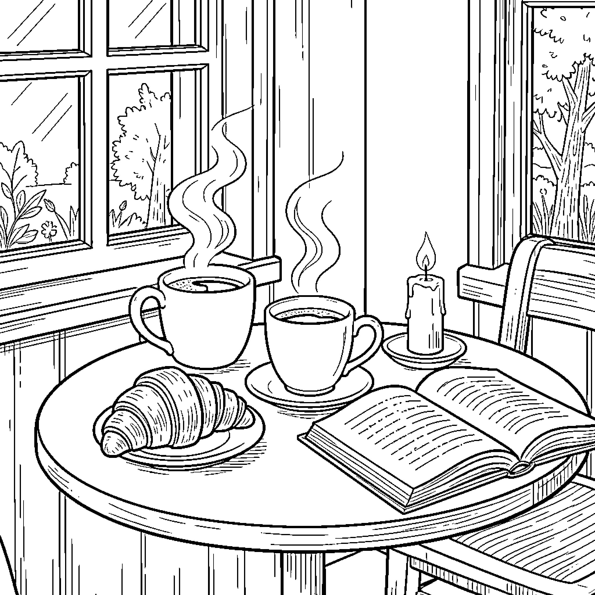 Cafe with Cozy Reading Scene Coloring Page (free black-and-white line drawing printable PDF for all, from beginners to advanced learners, including children, teens, adults, and seniors)