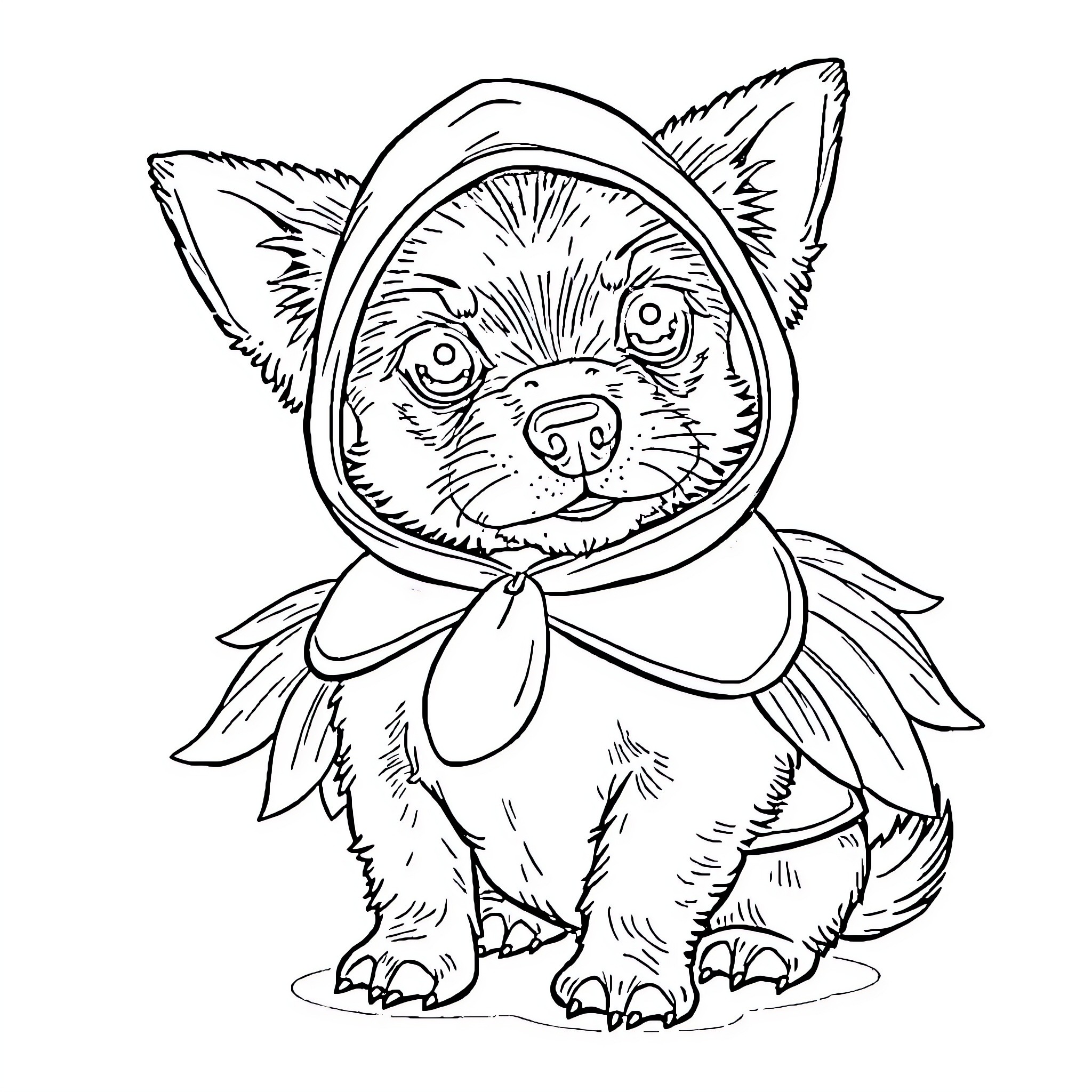 Dog in Adorable Costume Coloring Page (free black-and-white line drawing printable PDF for all, from beginners to advanced learners, including children, teens, adults, and seniors)