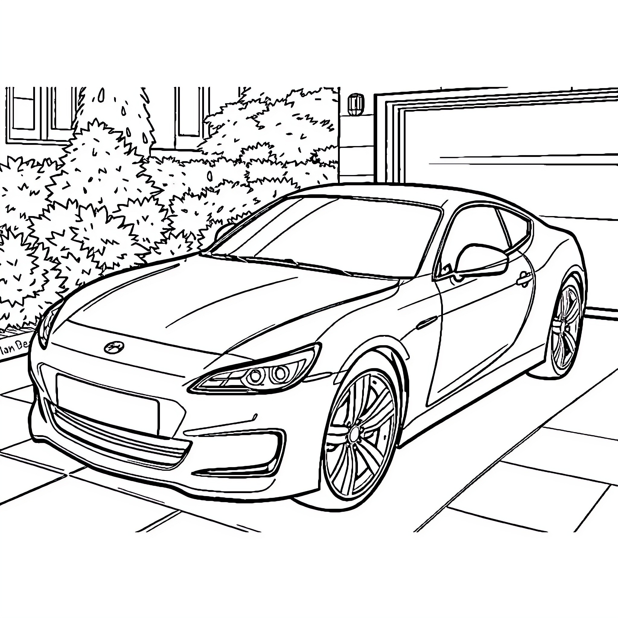 Car parked outside with bushes and building Coloring Page (free black-and-white line drawing printable PDF for all, from beginners to advanced learners, including children, teens, adults, and seniors)
