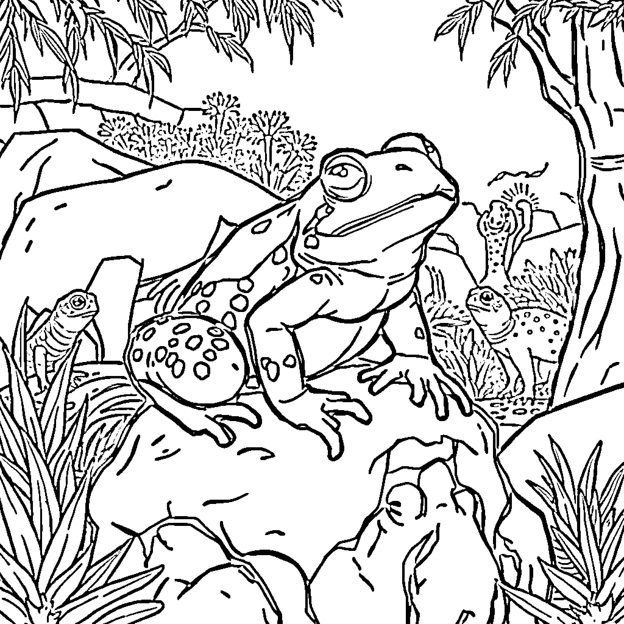 Toad resting peacefully in a lush jungle setting Coloring Page (free black-and-white line drawing printable PDF for all, from beginners to advanced learners, including children, teens, adults, and seniors)