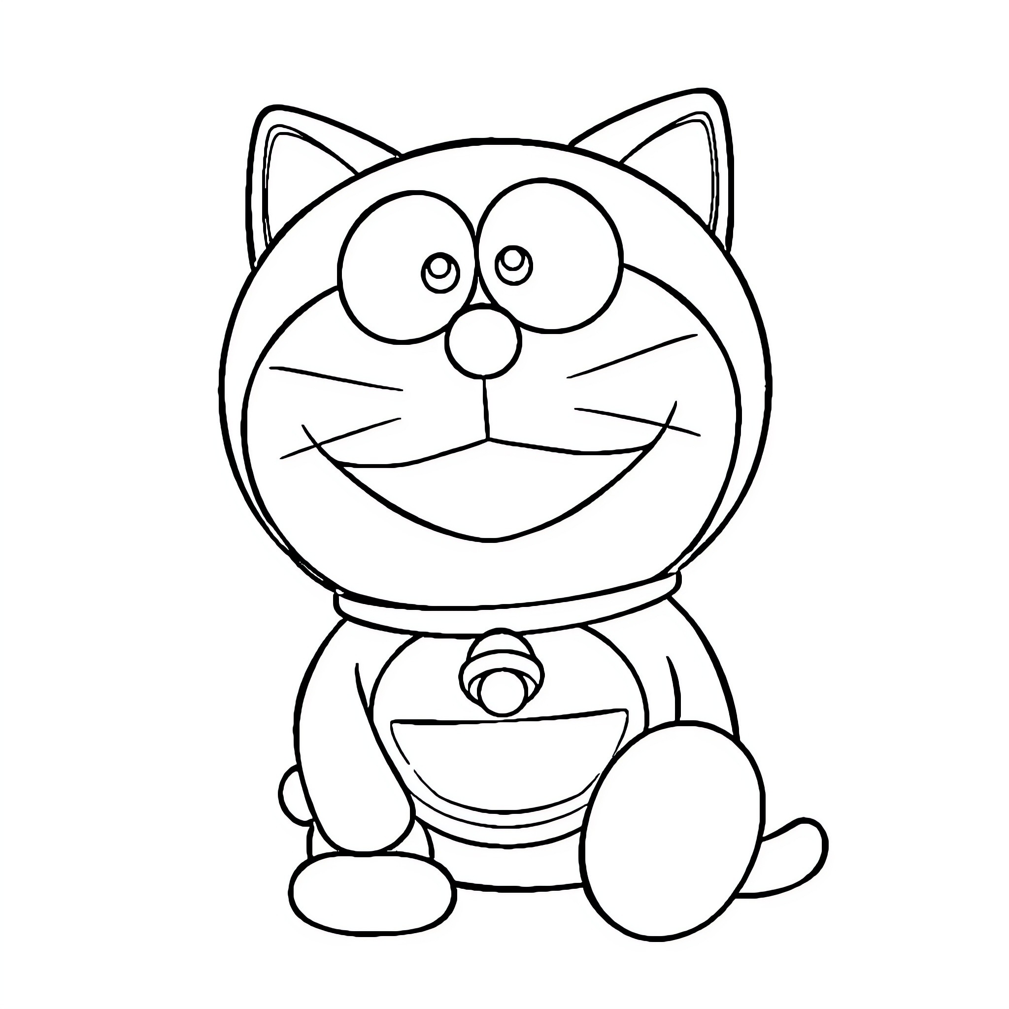 Doraemon sitting with a cheerful expression Coloring Page (free black-and-white line drawing printable PDF for all, from beginners to advanced learners, including children, teens, adults, and seniors)