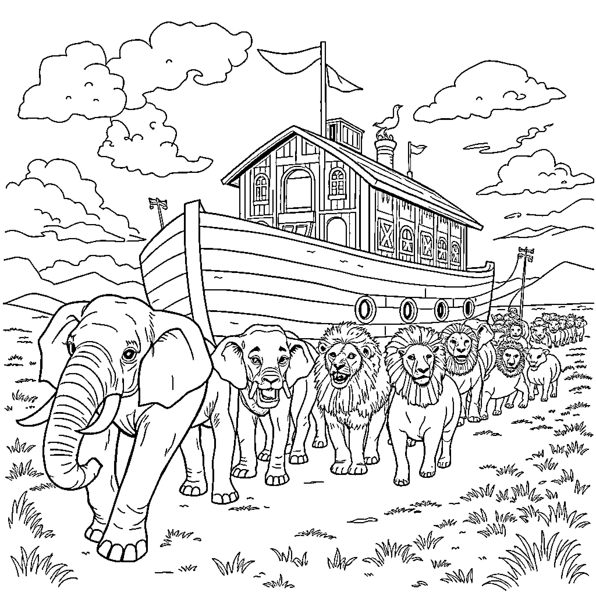 Ark Voyage of Animals and Vessel in Scenic Landscape Coloring Page (free black-and-white line drawing printable PDF for all, from beginners to advanced learners, including children, teens, adults, and seniors)