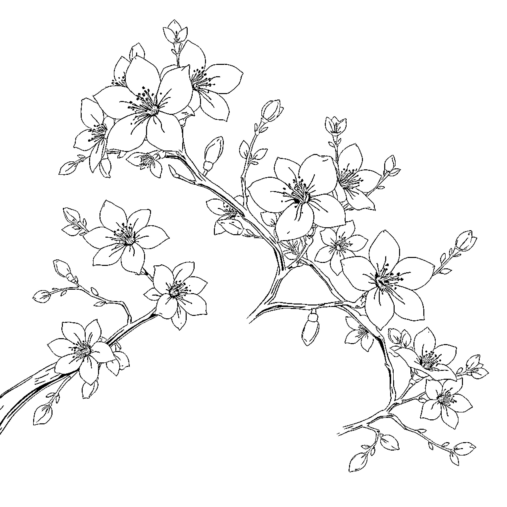 Sakura Blossoms in Elegant Flourish Coloring Page (free black-and-white line drawing printable PDF for all, from beginners to advanced learners, including children, teens, adults, and seniors)
