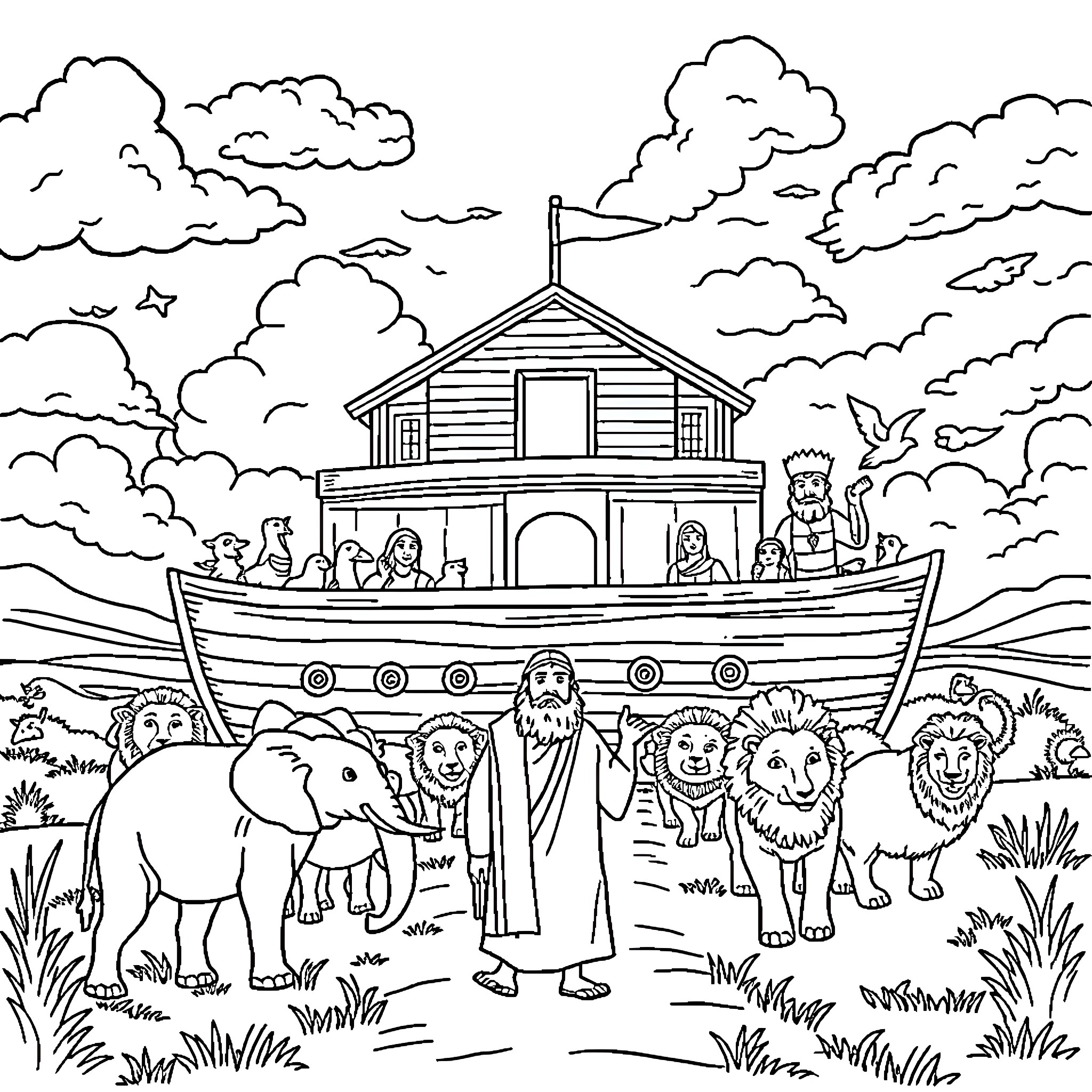 Noah's ark carrying animals through the stormy sky Coloring Page (free black-and-white line drawing printable PDF for all, from beginners to advanced learners, including children, teens, adults, and seniors)